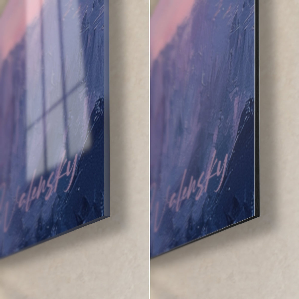 Wall art Dolomite peaks, bottom right corner: glossy acrylic glass reflecting the window, matte Dibond aluminium, 3 mm edge