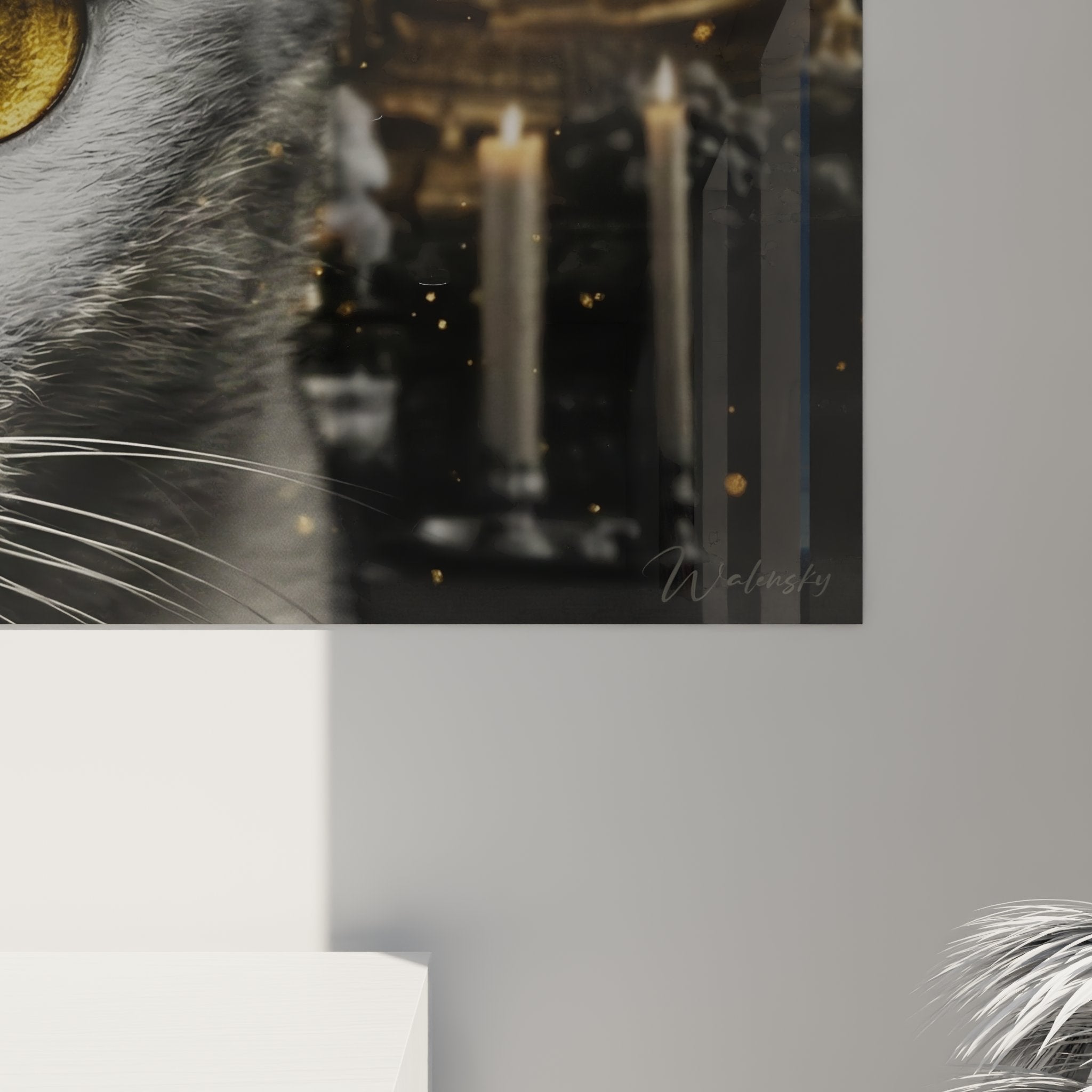 Vue ensemble tableau chat Khao Manee decoration murale panoramique ambiance baroque chandelles dorees mystere royal