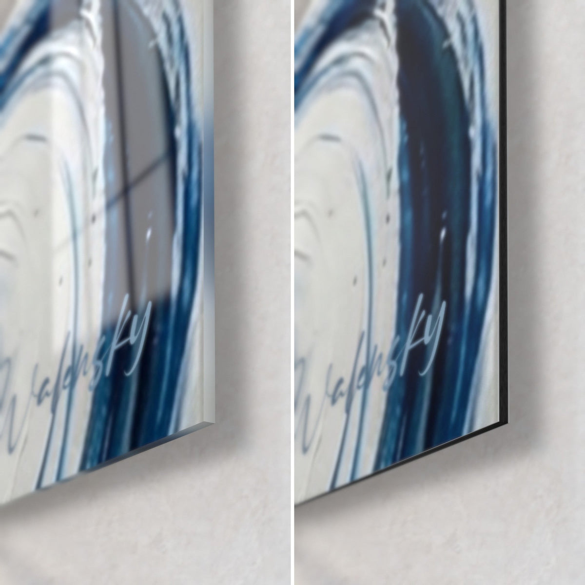 Wall art of a paralympic cyclist in navy blue and white, bottom right corner, glossy acrylic glass and matte Dibond aluminum, 3 mm edge