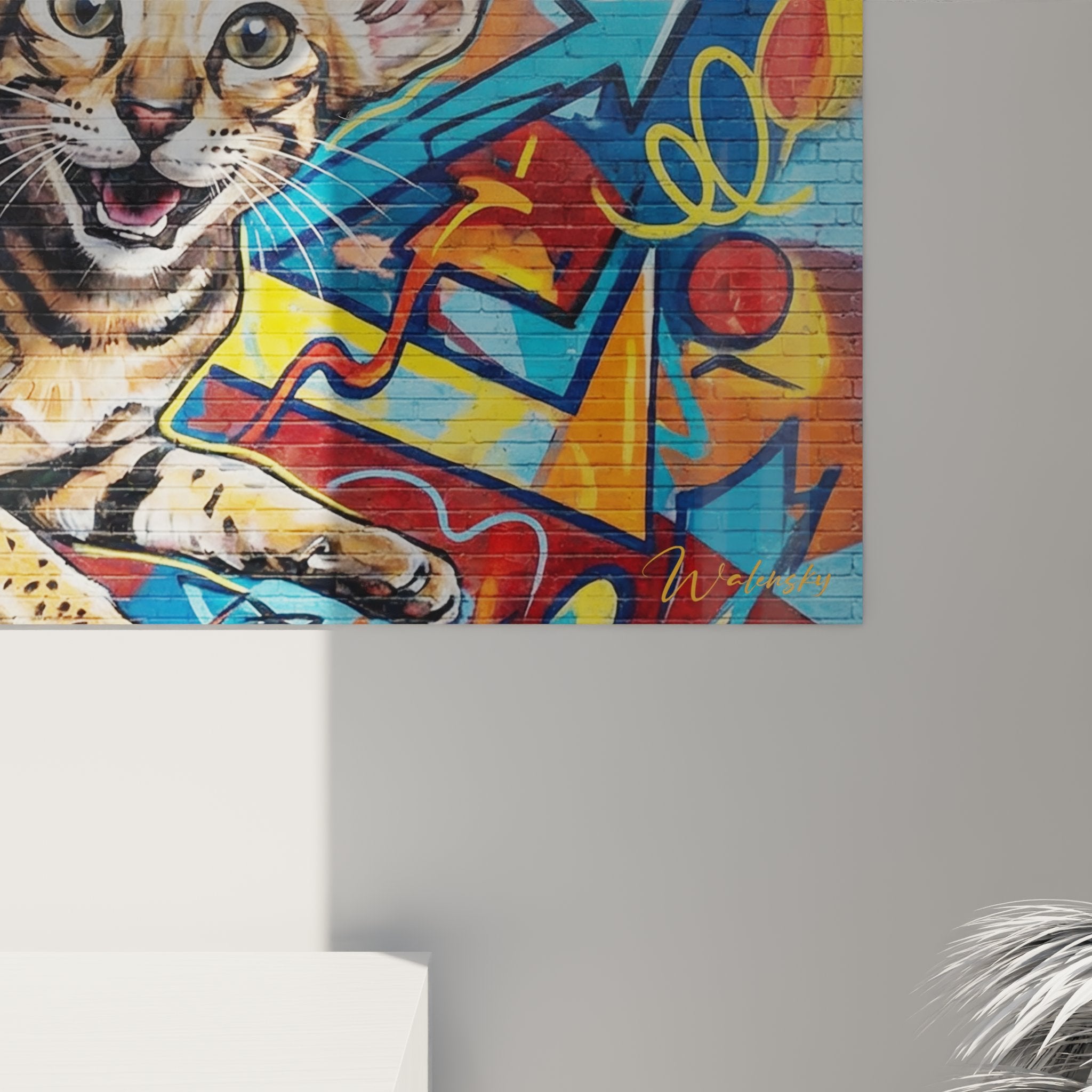 Gesamtansicht Wandbild orientalische Kurzhaarkatze Street-Art-Graffiti Inneneinrichtung