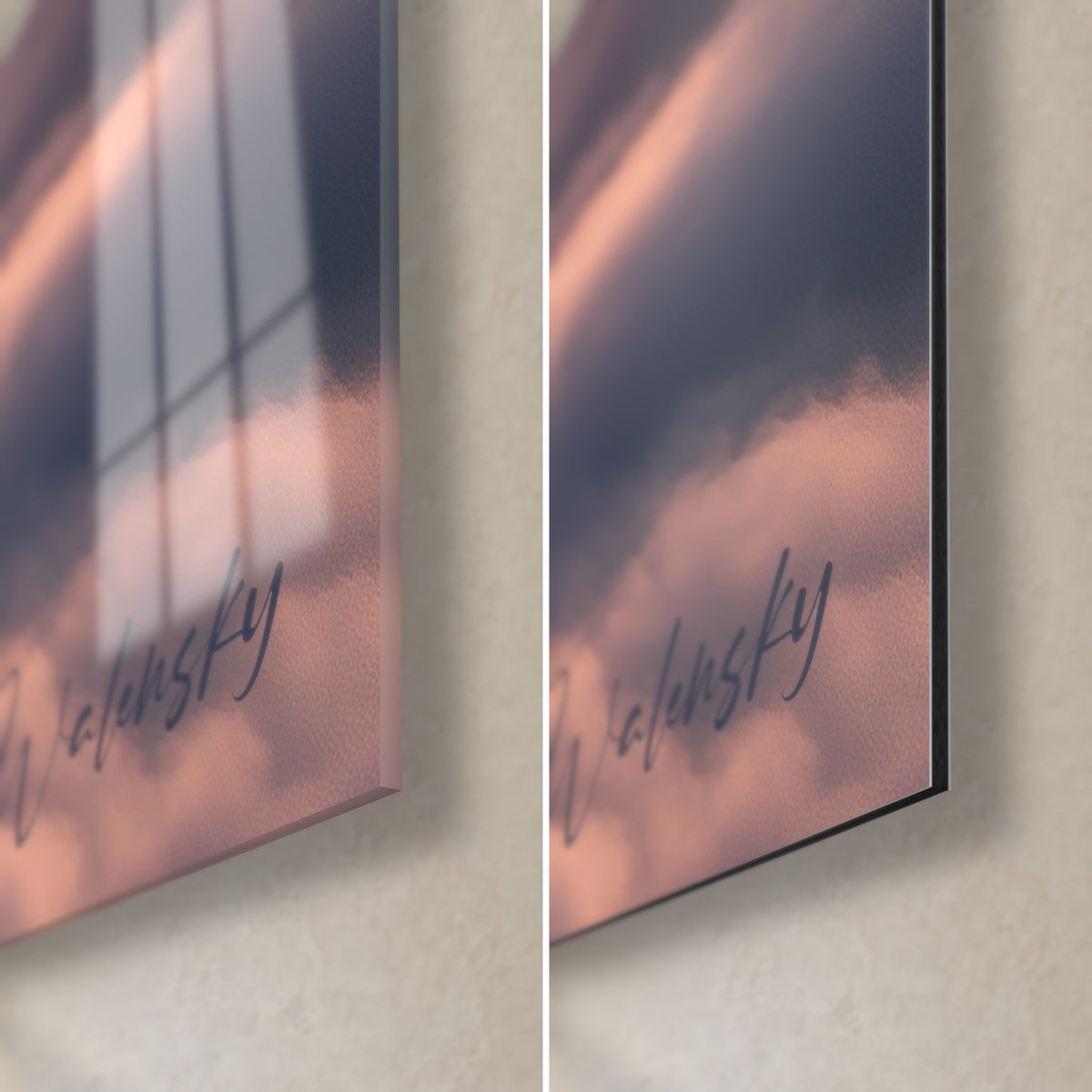 Schilderij zonsopgang boven de Pyreneeën, rechtsonder, glanzende reflecties van het acrylglas en het poederroze van het matte Dibond, 3 mm dik