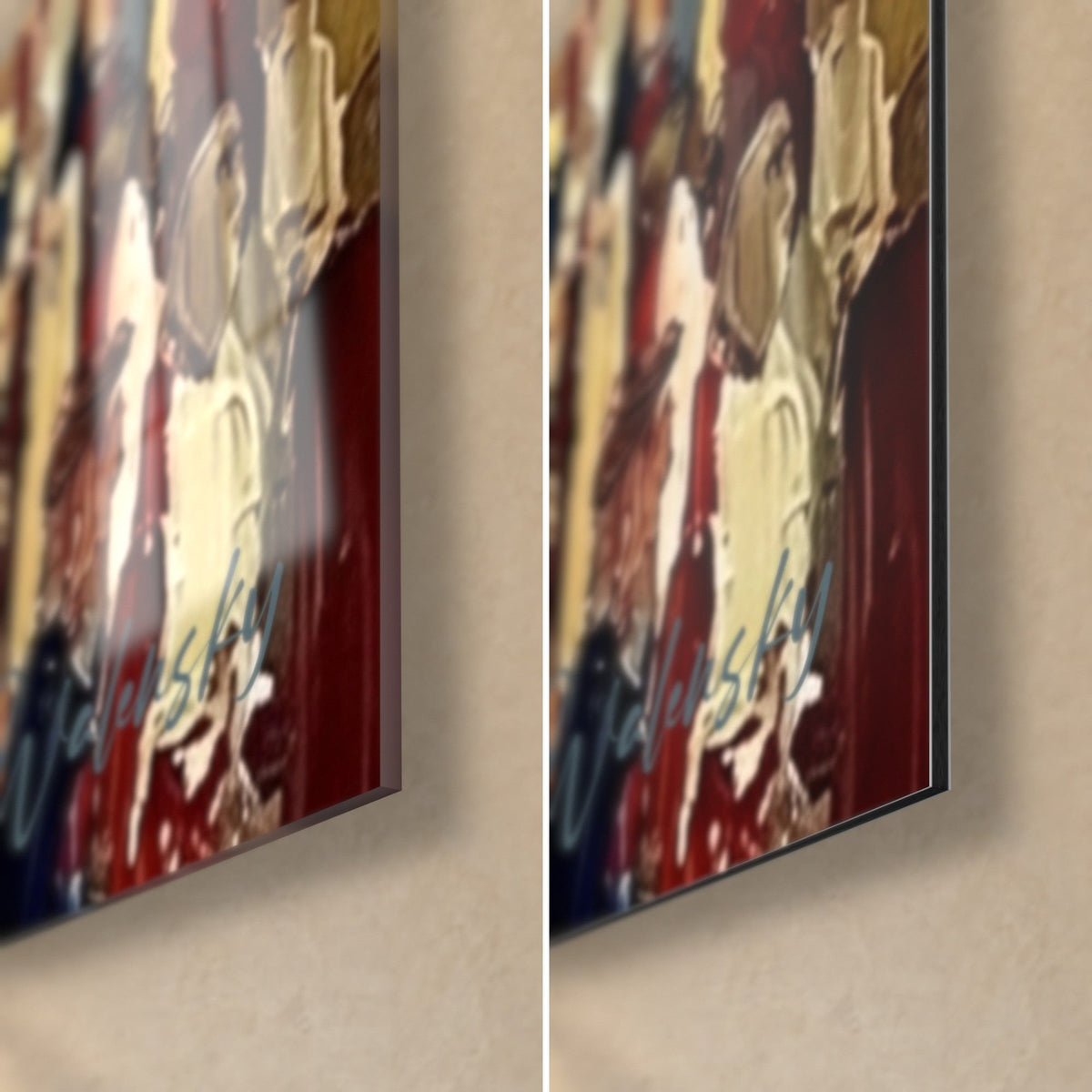 Wall art stadium spectators with ochre faces, bottom right corner: glossy acrylic glass and matte Dibond aluminum, 3 mm edge