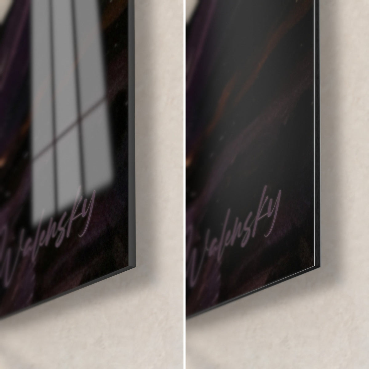 Wall art sunset over ridges, bottom right corner, glossy acrylic glass reflecting the window, matt Dibond aluminium, 3 mm thickness