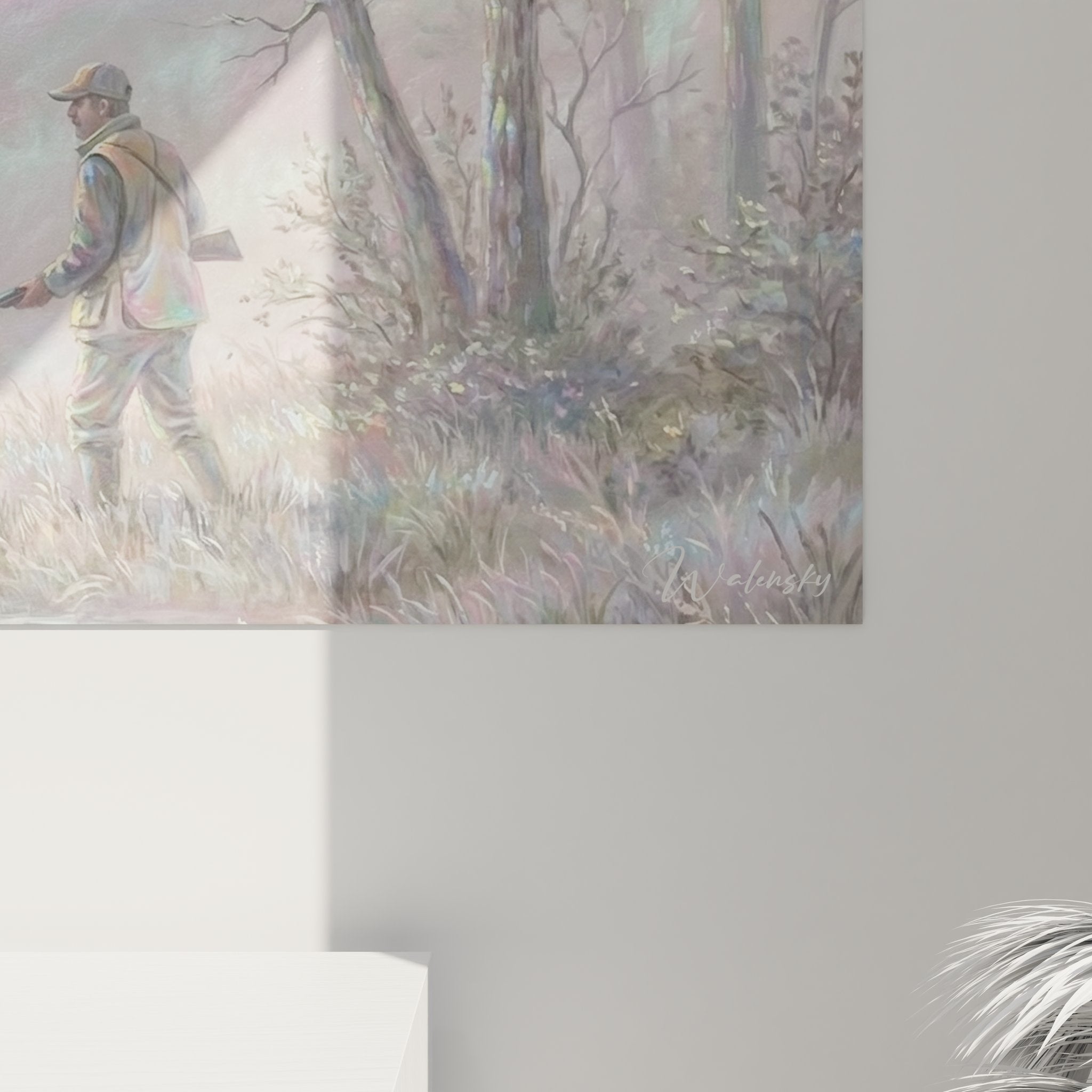 Vue ensemble tableau mural chasse scene cynégetique chasseur chien etang atmosphere brumeuse rosee