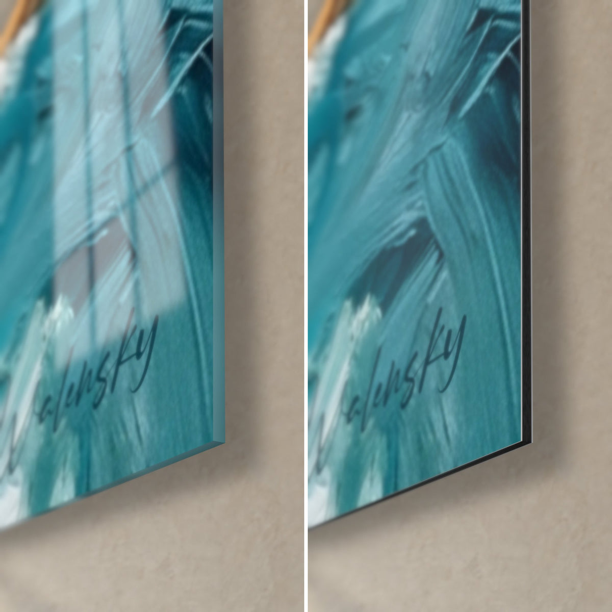Wall art of a backstroke swimmer, bottom right corner: glossy acrylic glass on the left, matte black Dibond aluminum on the right, 3 mm edge