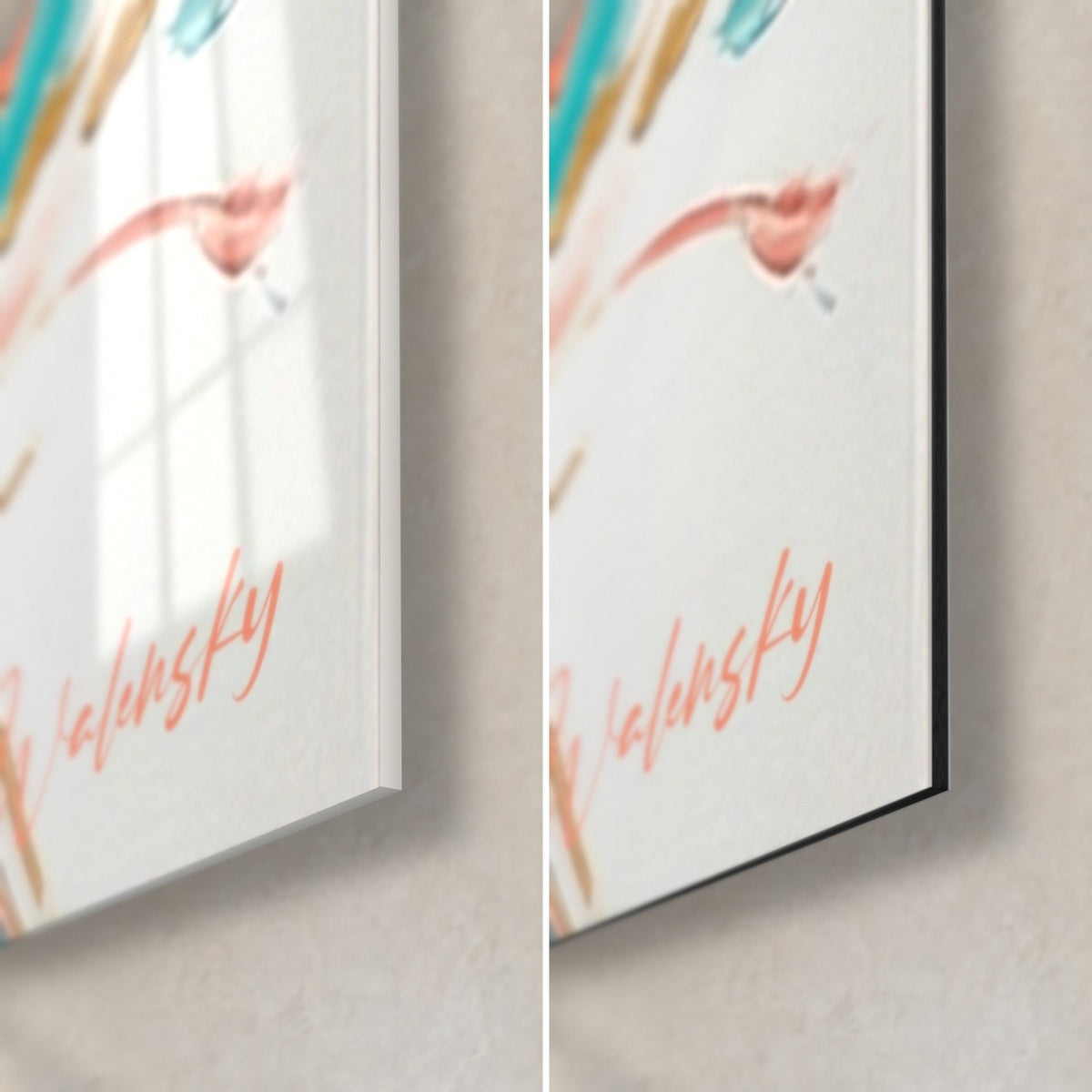 Wall art of a stylized fencer, bottom right corner: Walensky signature in coral, glossy acrylic glass on the left, matte white Dibond on the right, 3 mm black edge