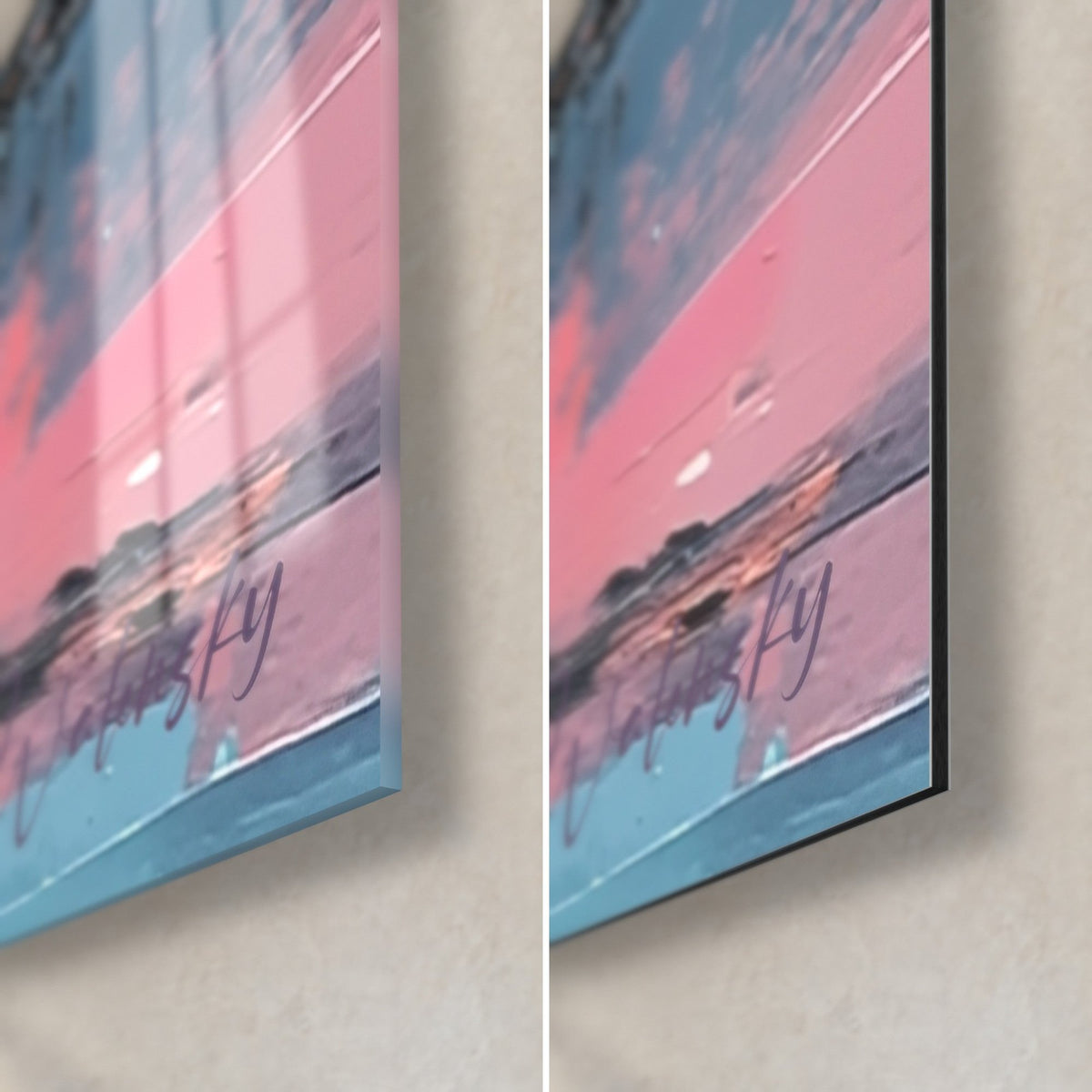 Gemälde Sonnenuntergang in Rosa und Himmelblau, untere rechte Ecke: glänzendes Acrylglas und mattes schwarzes Dibond, 3 mm Kante