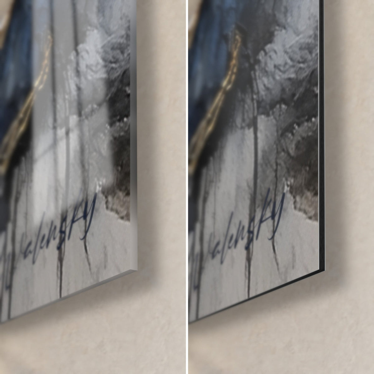 Schilderij Dolomieten-toppen, rechtsonder: grijze en blauwe druipsporen, signatuur, 3 mm rand, glanzend glas en mat Dibond