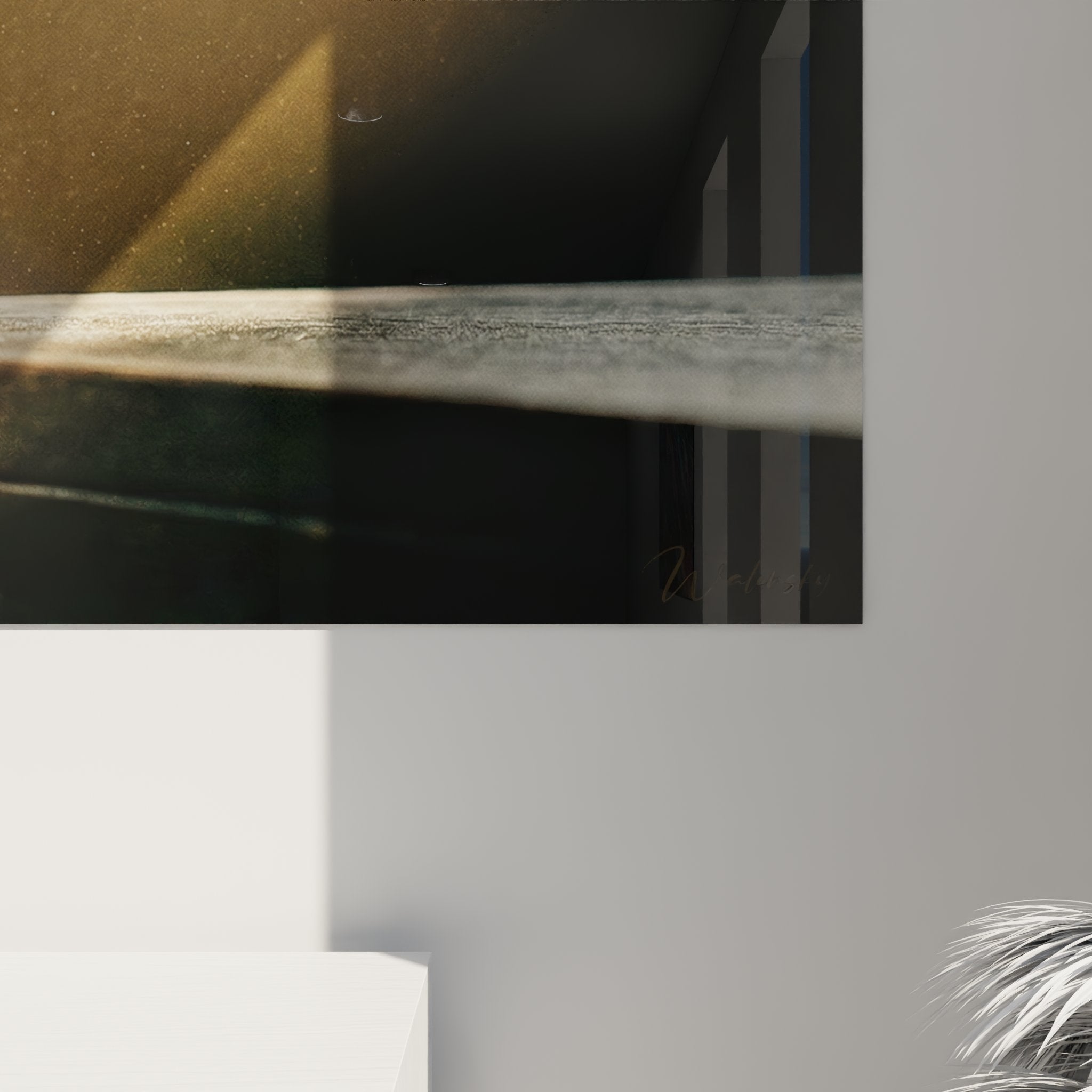 Vue ensemble tableau ping pong balle suspendue atmosphere doree decoration interieur moderne zen