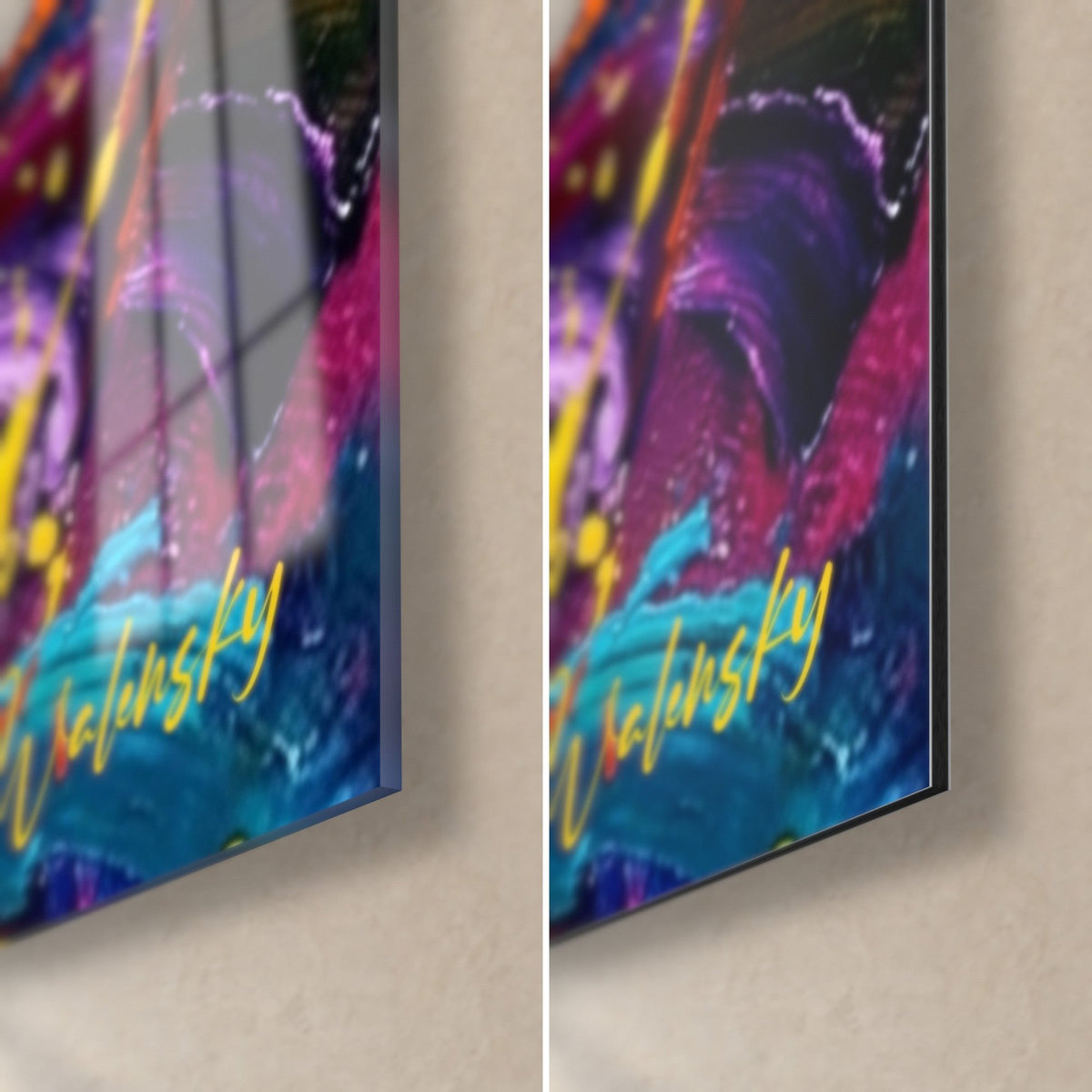 Schilderij portret van een kat met verschillend gekleurde ogen, rechtsonder: glanzend glas links, mat Dibond rechts, 3 mm rand, gele signatuur