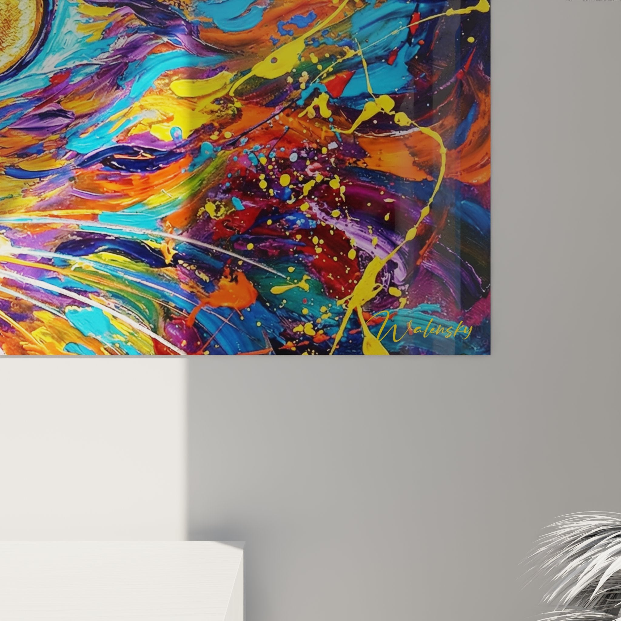 Vue d'ensemble tableau mural chat Khao Manee art moderne avec palette couleurs vibrantes orange bleu violet