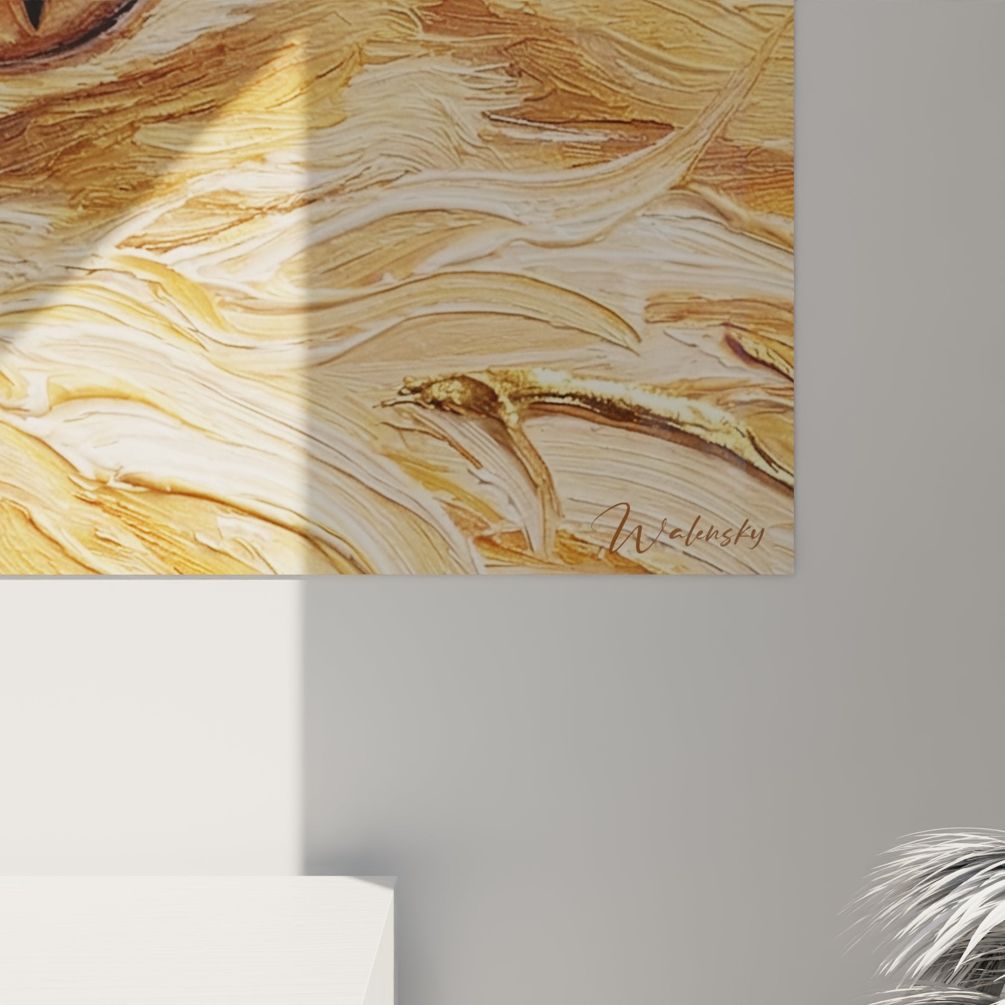 Golden cat panoramic wall art overview, contemporary feline ragamuffin design decoration