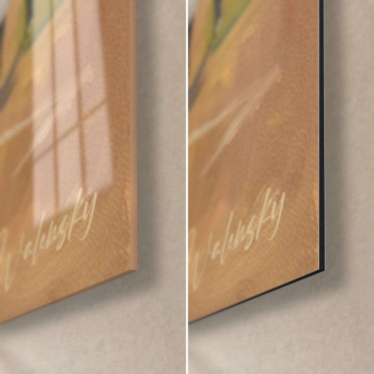Schilderij honkbalveld in olieverf, rechtsonder hoek: glanzend acrylglas links, mat zwart Dibond-aluminium rechts