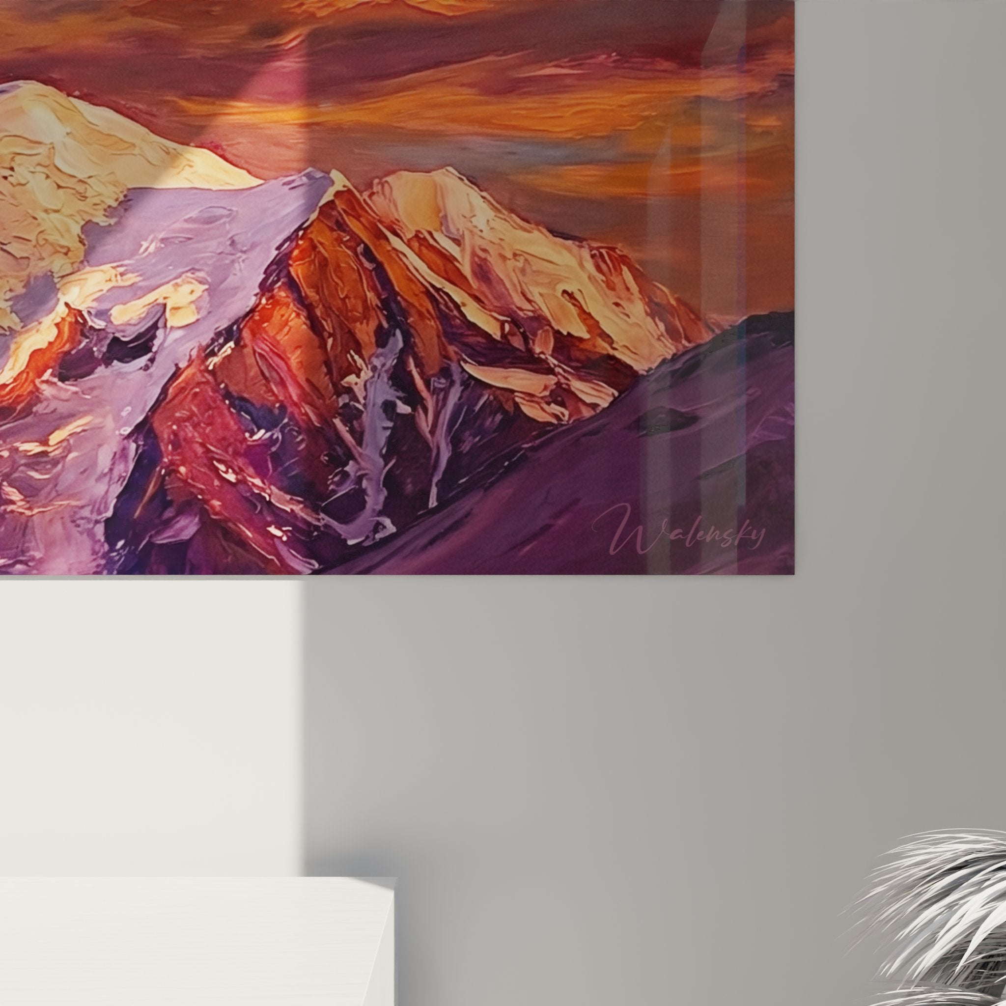 Panoramic mountain landscape wall art in modern living room, contemporary Alpine decor, large-format gallery piece