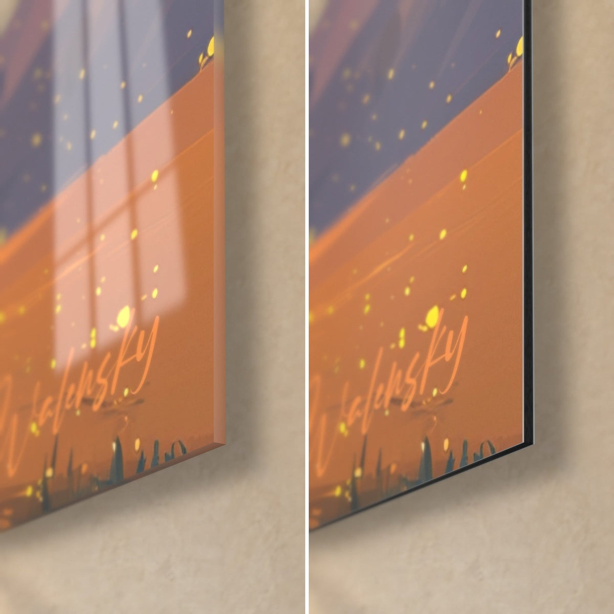 Cuadro villa con cipreses, esquina inferior derecha: cristal brillante con reflejos azulados a la izquierda, aluminio Dibond naranja mate a la derecha, borde negro de 3 mm