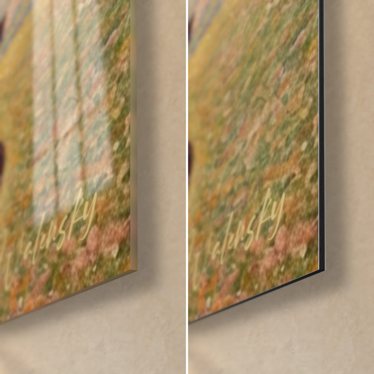 Wall art polo match in pointillist dabs, bottom right corner: glossy acrylic glass on the left, matte black Dibond aluminium on the right
