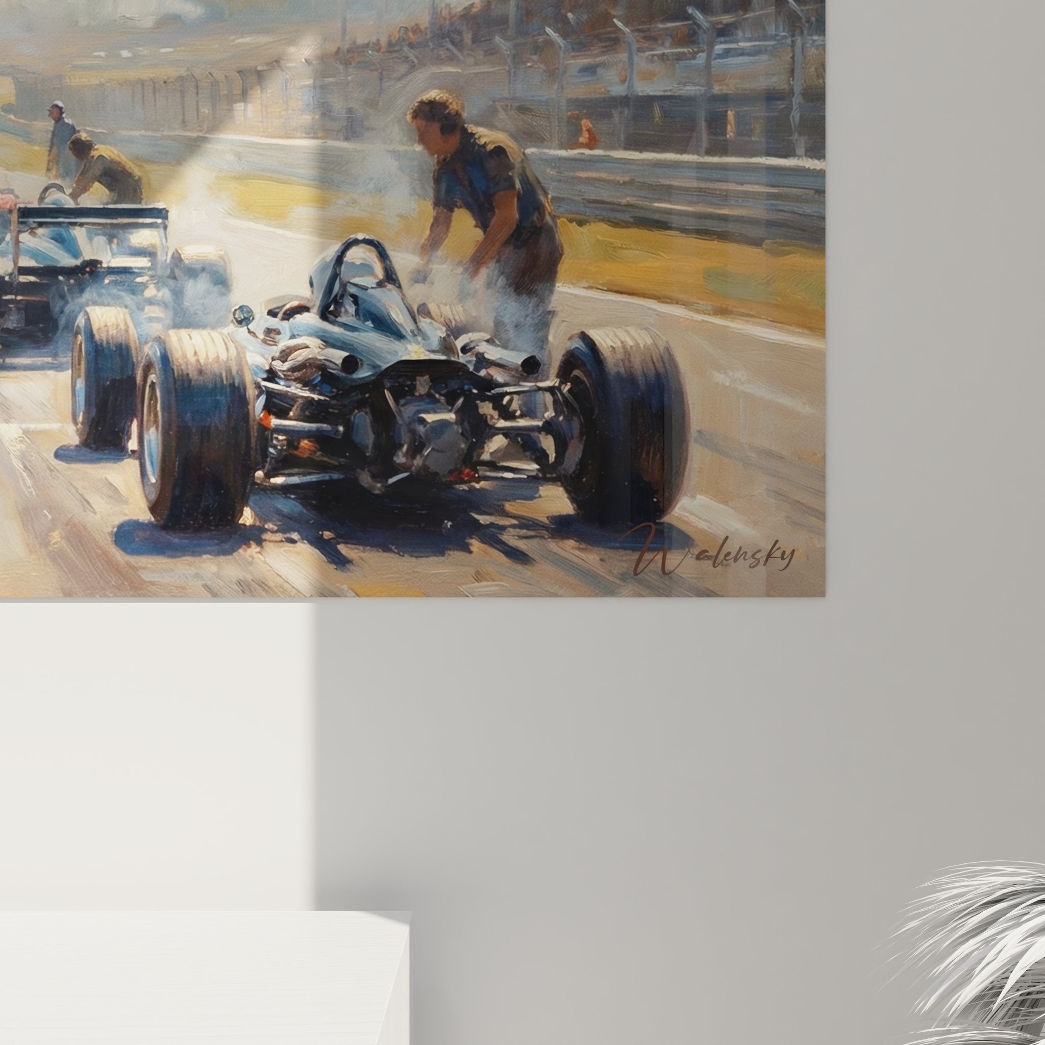 Vue d'ensemble tableau mural Formule 1 paddock vintage décorant intérieur contemporain style motorsport