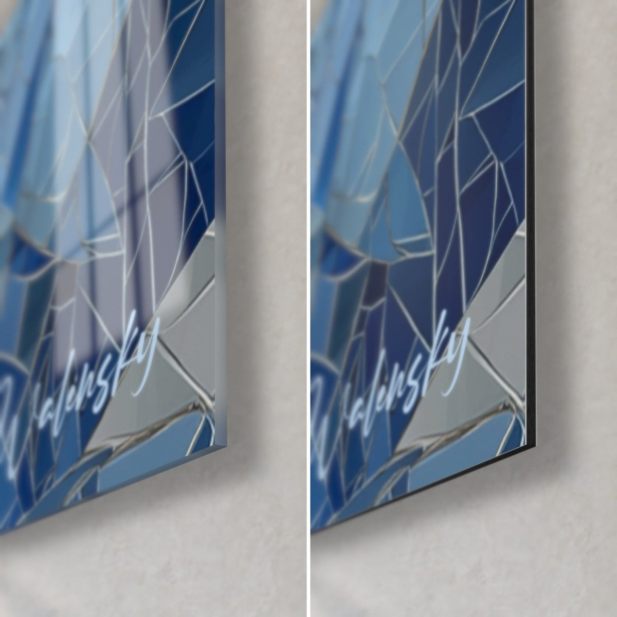Wall art geometric peaks in royal blue and white, lower right corner, glossy acrylic glass with reflections and matte Dibond aluminium, 3 mm thick