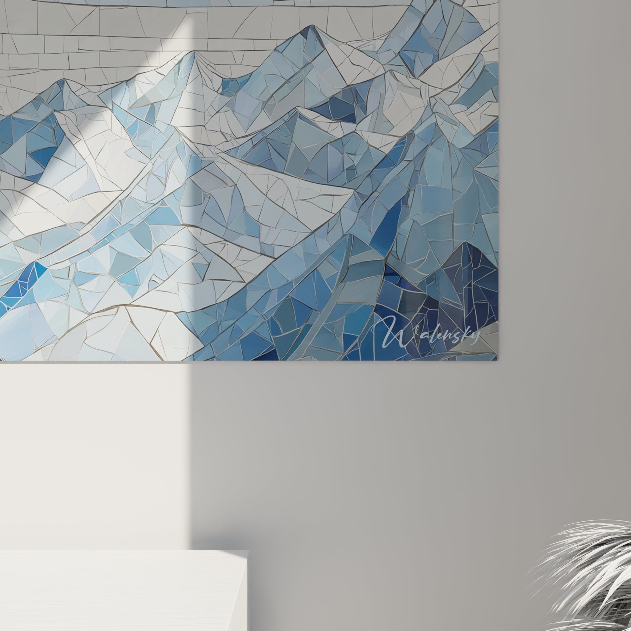 Perspective view mosaic Alps artwork, blue mountain range, geometric panoramic art wall decoration