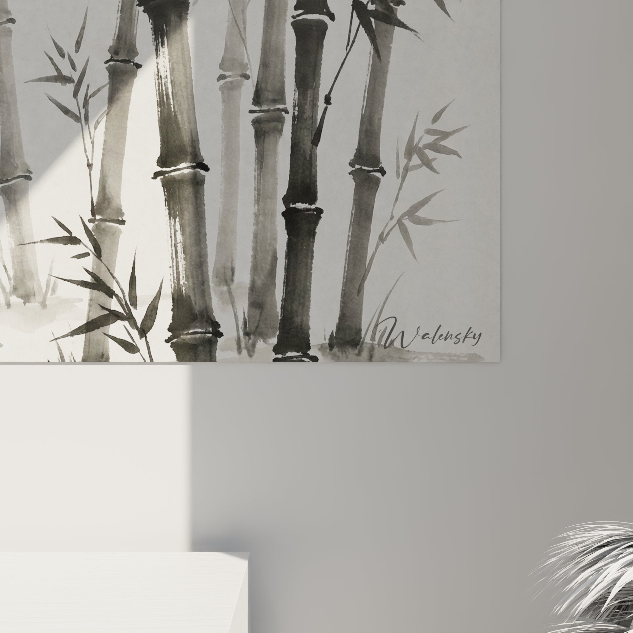 Vue ensemble tableau horizontal chat zen bambous decoration style japonais