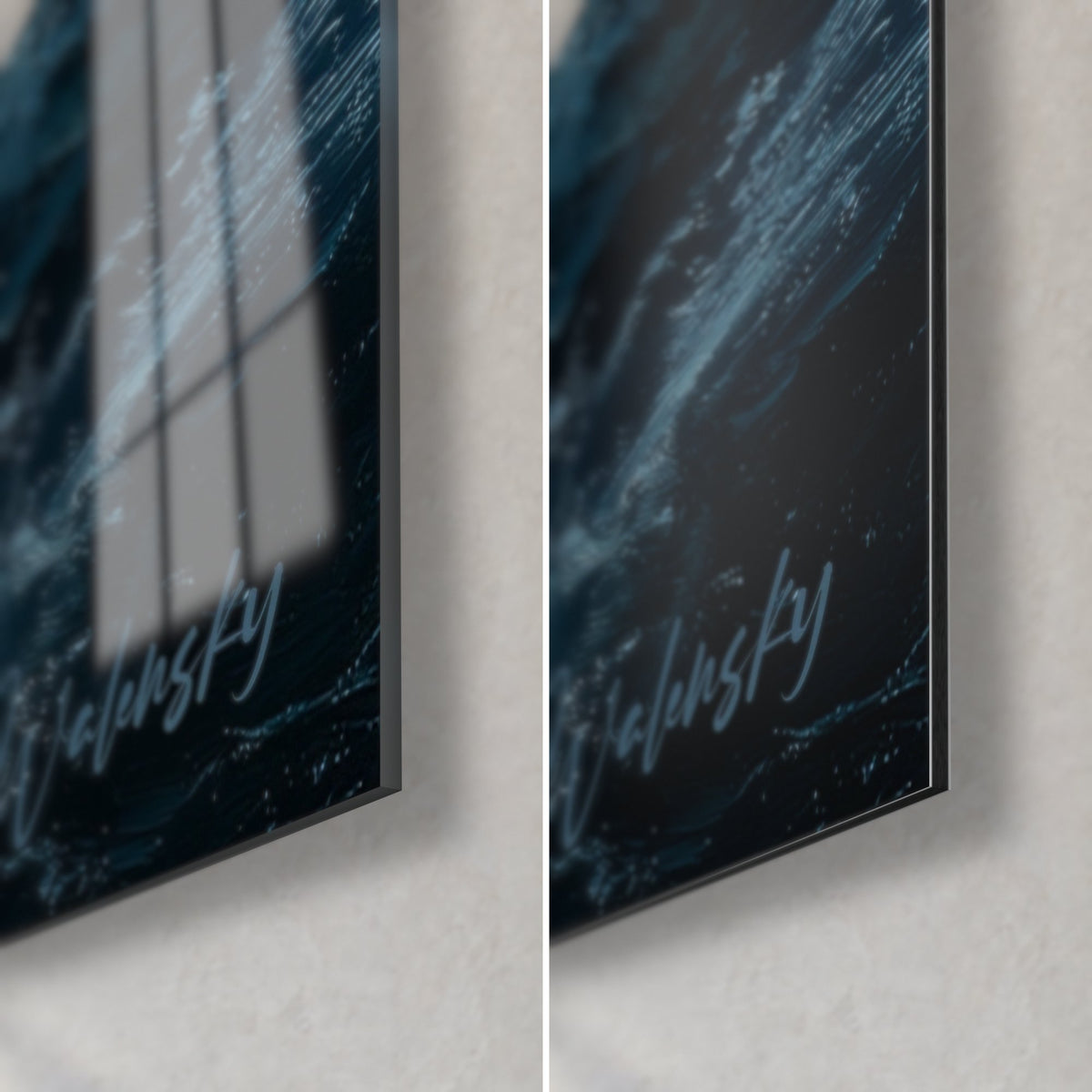 Gemälde dunkle Dünung von Walensky signiert, untere rechte Ecke: glänzendes Acrylglas mit Spiegelung des Fensters, mattschwarzes Dibond, 3 mm Kante