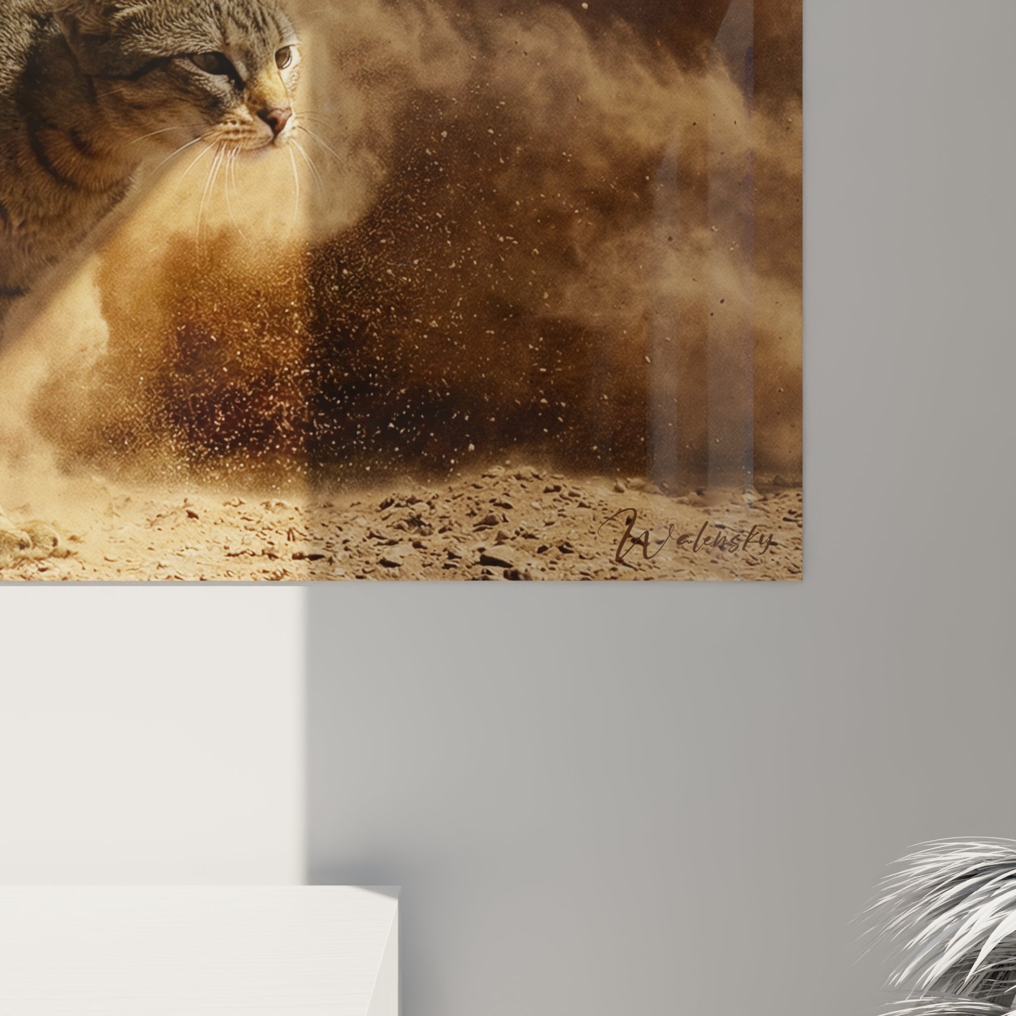 Vue ensemble tableau mural chat Chausie action, integration parfaite decoration interieure