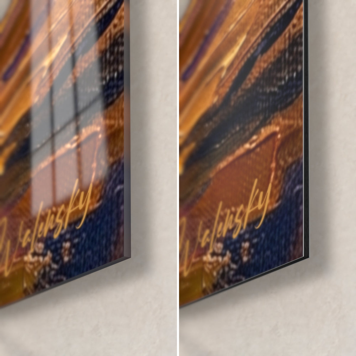 Wall art of a kayak at dusk, bottom right corner in glossy glass and matte Dibond aluminum, golden and violet reflections, 3 mm thickness