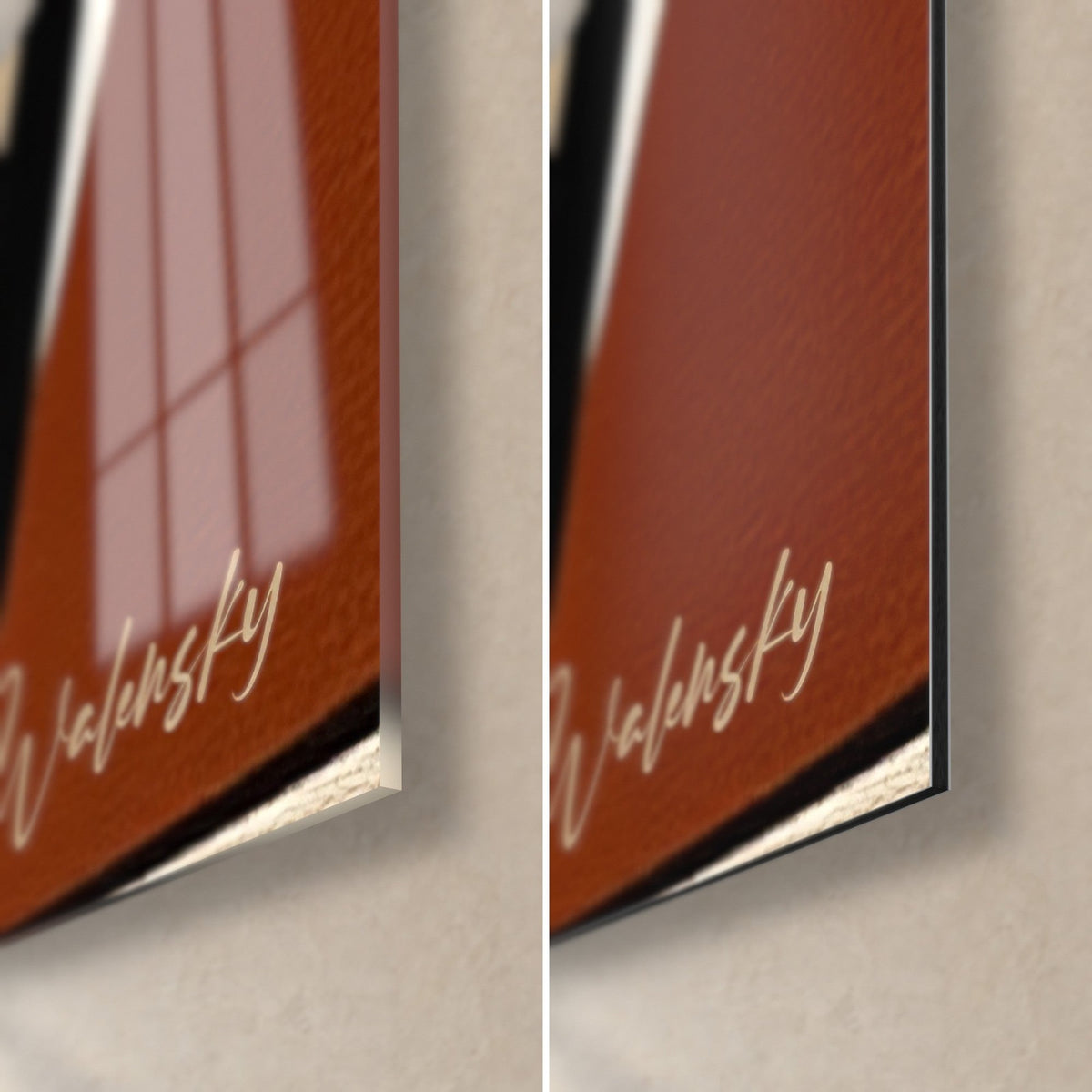 Wall art with ancestral rust and black patterns, lower right corner, glossy glass reflecting the window and matte Dibond, 3 mm edge