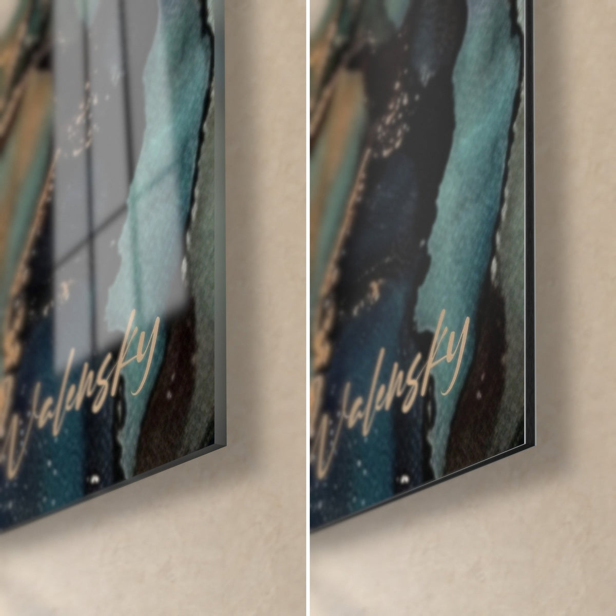Tableau spéléonaute de l'encre alcool, coin bas droit : signature dorée sur turquoise et noir, verre brillant et Dibond mat
