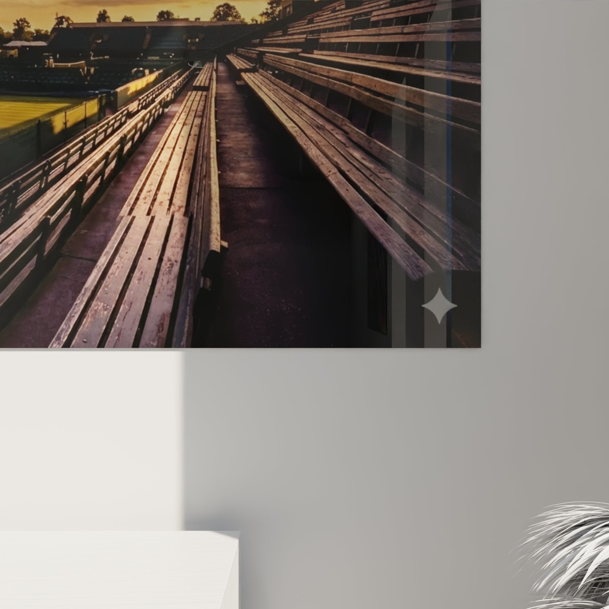 Vue d'ensemble tableau tennis panoramique mural montrant perspective architecturale stade