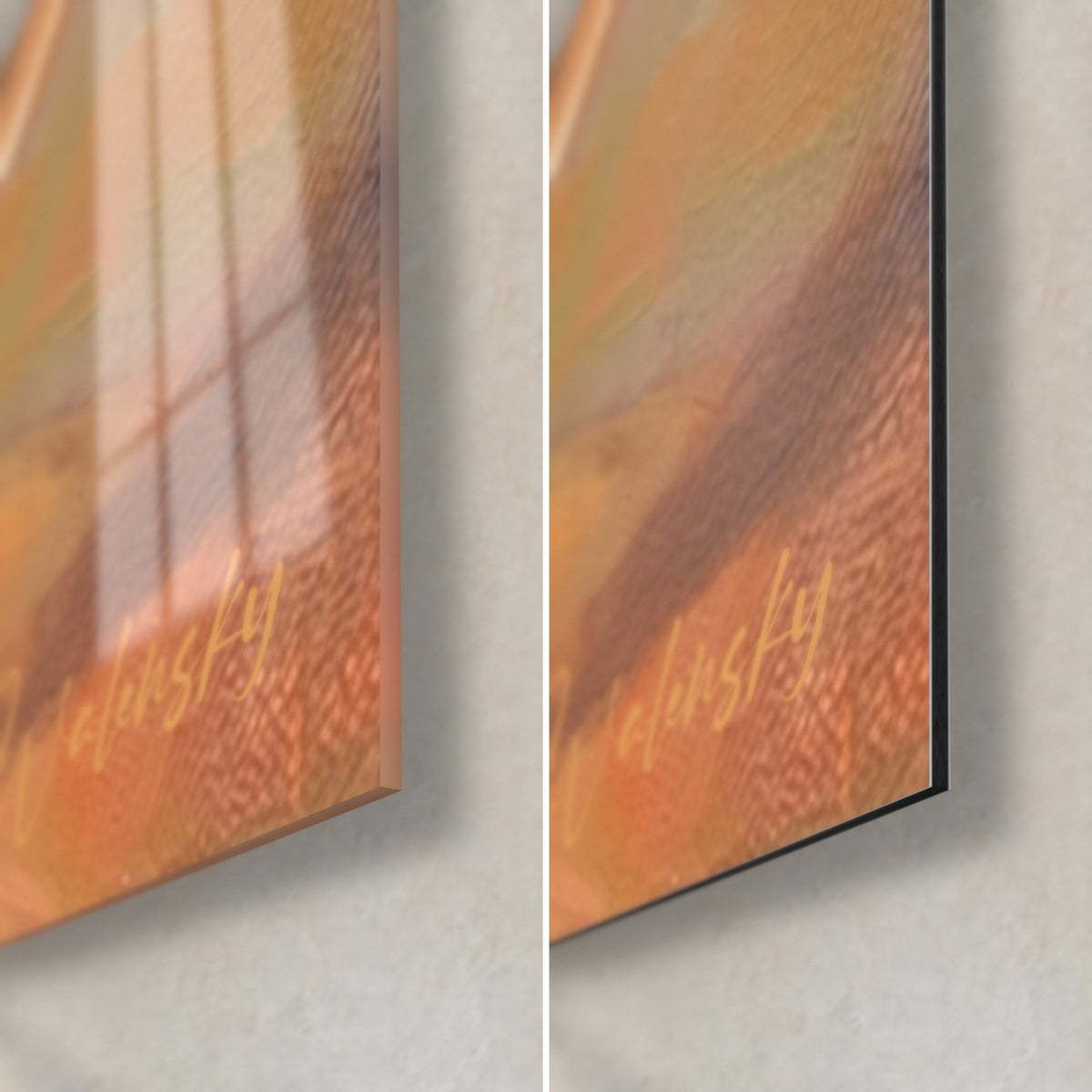 Schilderij honkbalveld in de schemering, rechteronderhoek: glanzend acrylglas links, mat zwart Dibond-aluminium rechts, rand van 3 mm