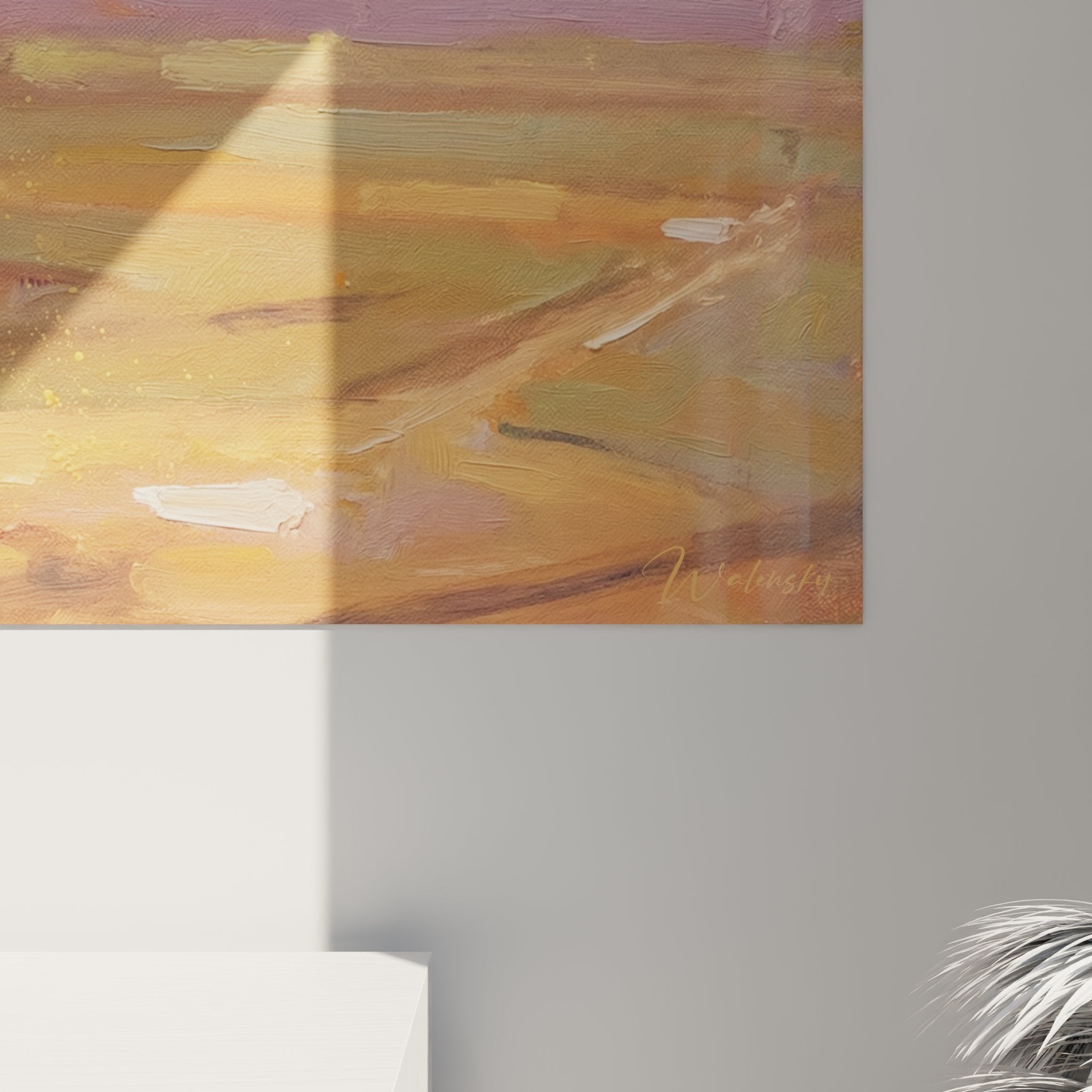 Vue ensemble tableau panoramique paysage desert coucher soleil decoration interieure moderne