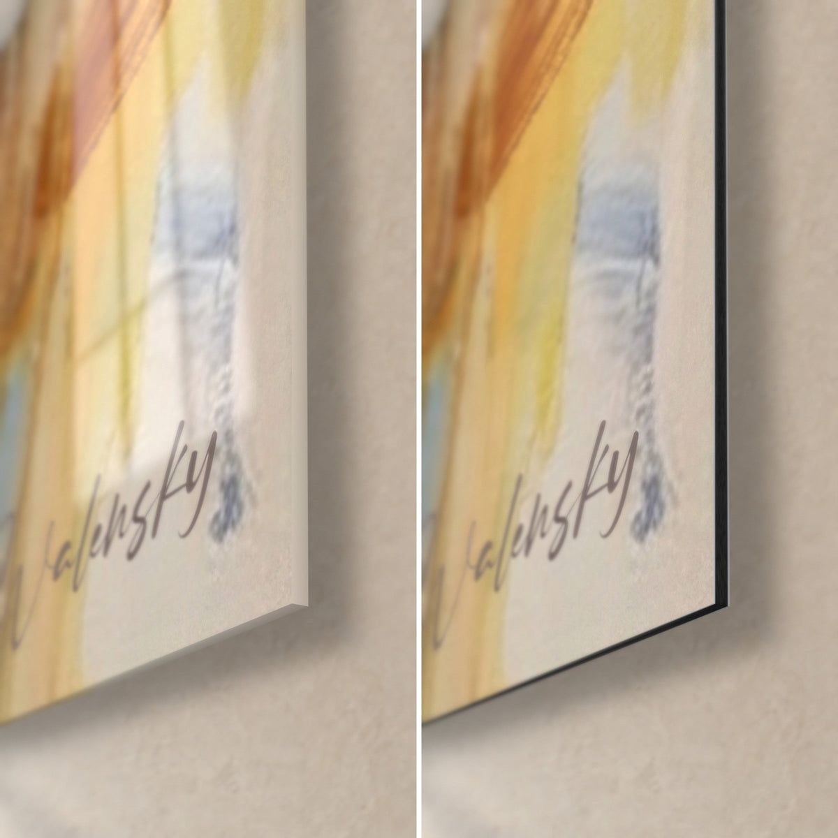 Wall art painted mountain landscape, bottom right corner: glossy acrylic glass on the left, matte Dibond on the right, 3 mm edge