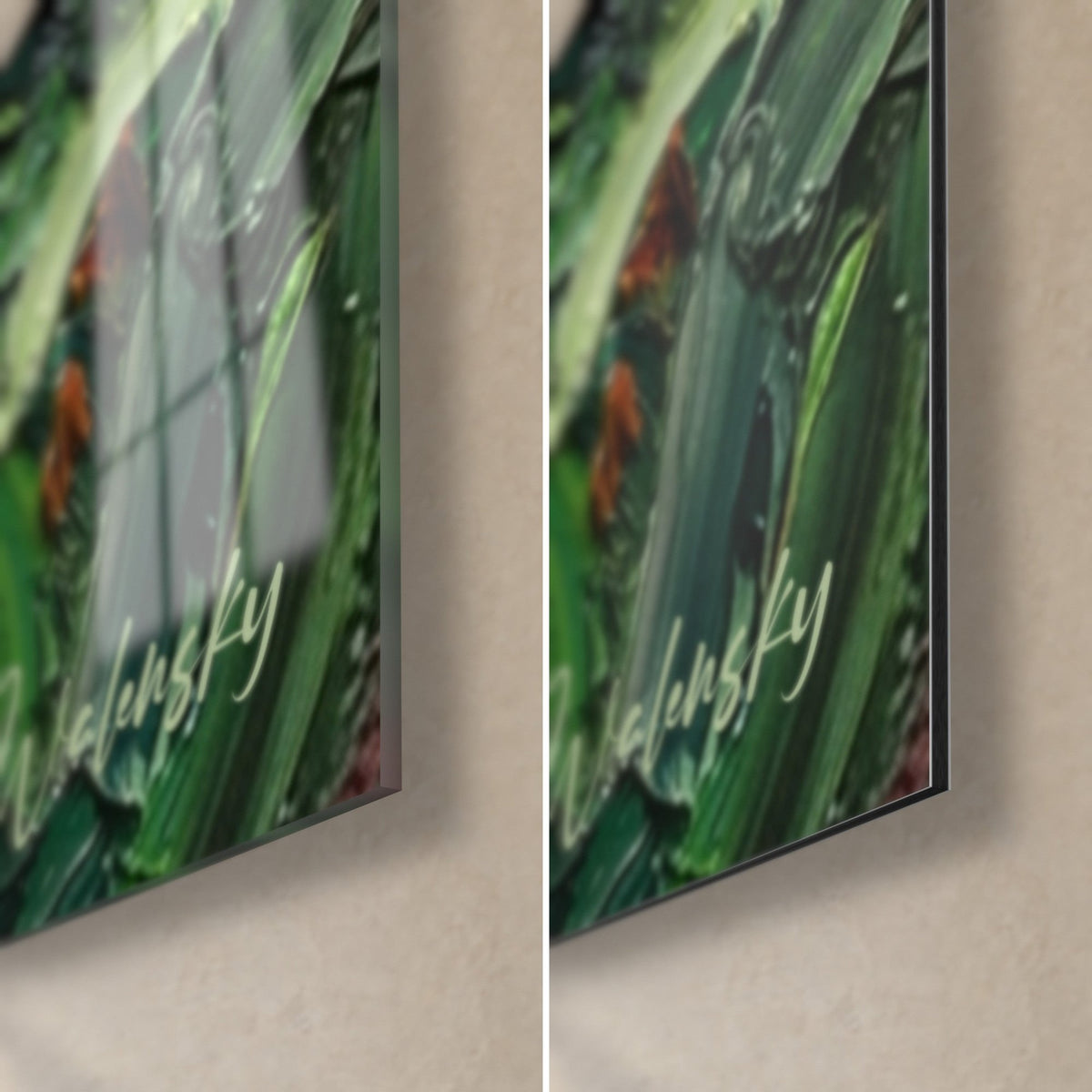 Schilderij van een loper op een bospad, rechtsonder: weerspiegelingen op glanzend diepgroen glas, mat Dibond-aluminium en zwarte rand