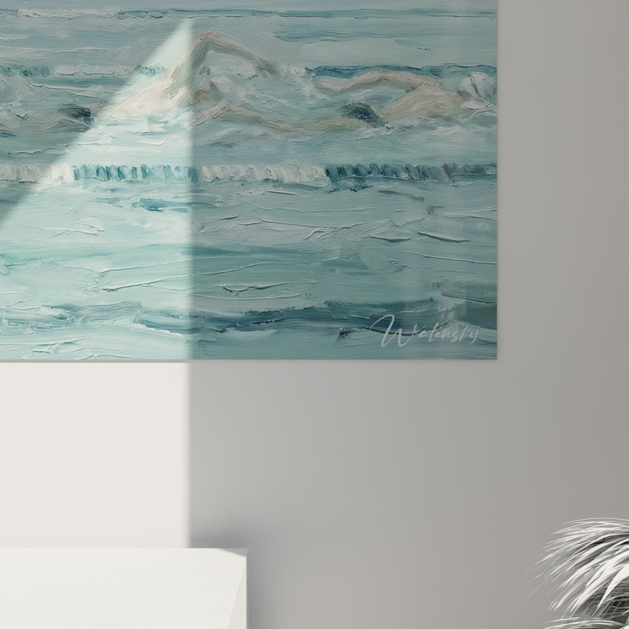 Overview of swimming pool swimmers painting in a bright contemporary interior