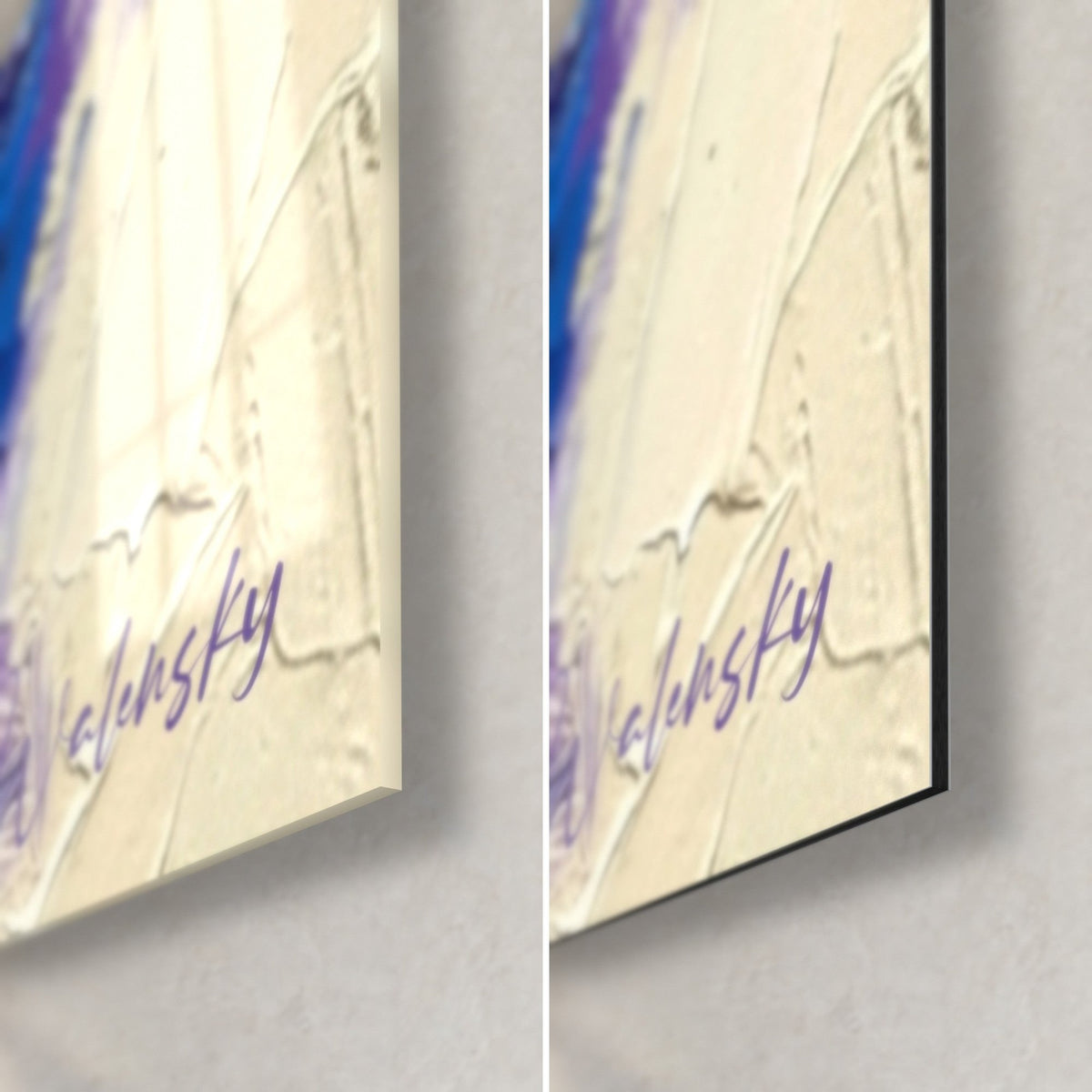 Cuadro ojos de gato azules, esquina inferior derecha: cristal acrílico brillante a la izquierda, aluminio Dibond mate a la derecha, crema y violeta en relieve