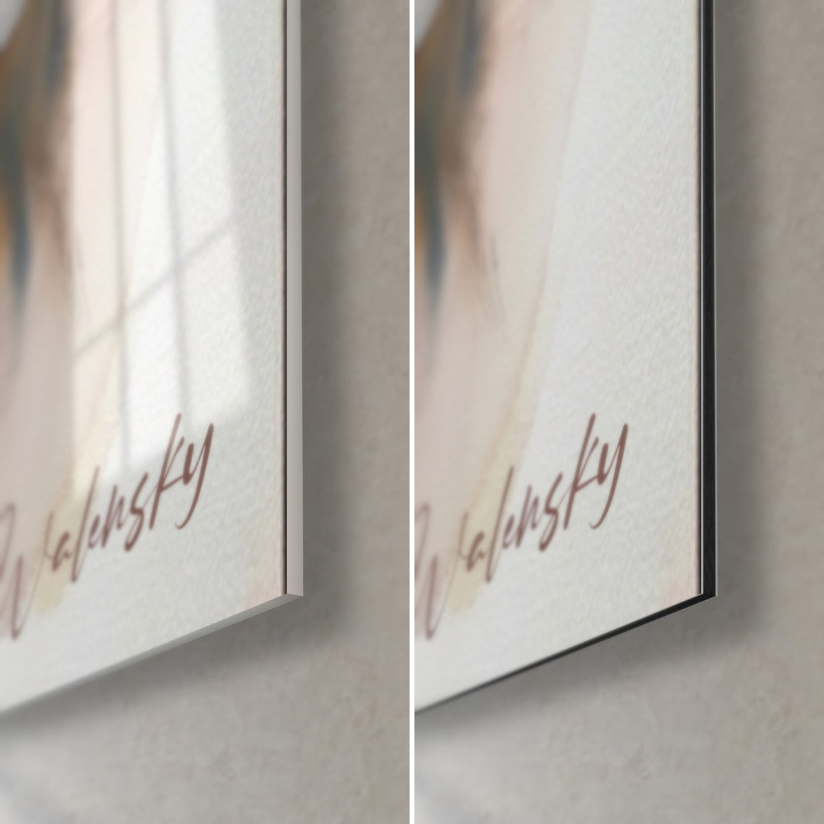 Schilderij van een paar handen in olieverf, Walensky-signatuur in baksteenrood, glanzende glazen hoek rechtsonder en mat Dibond