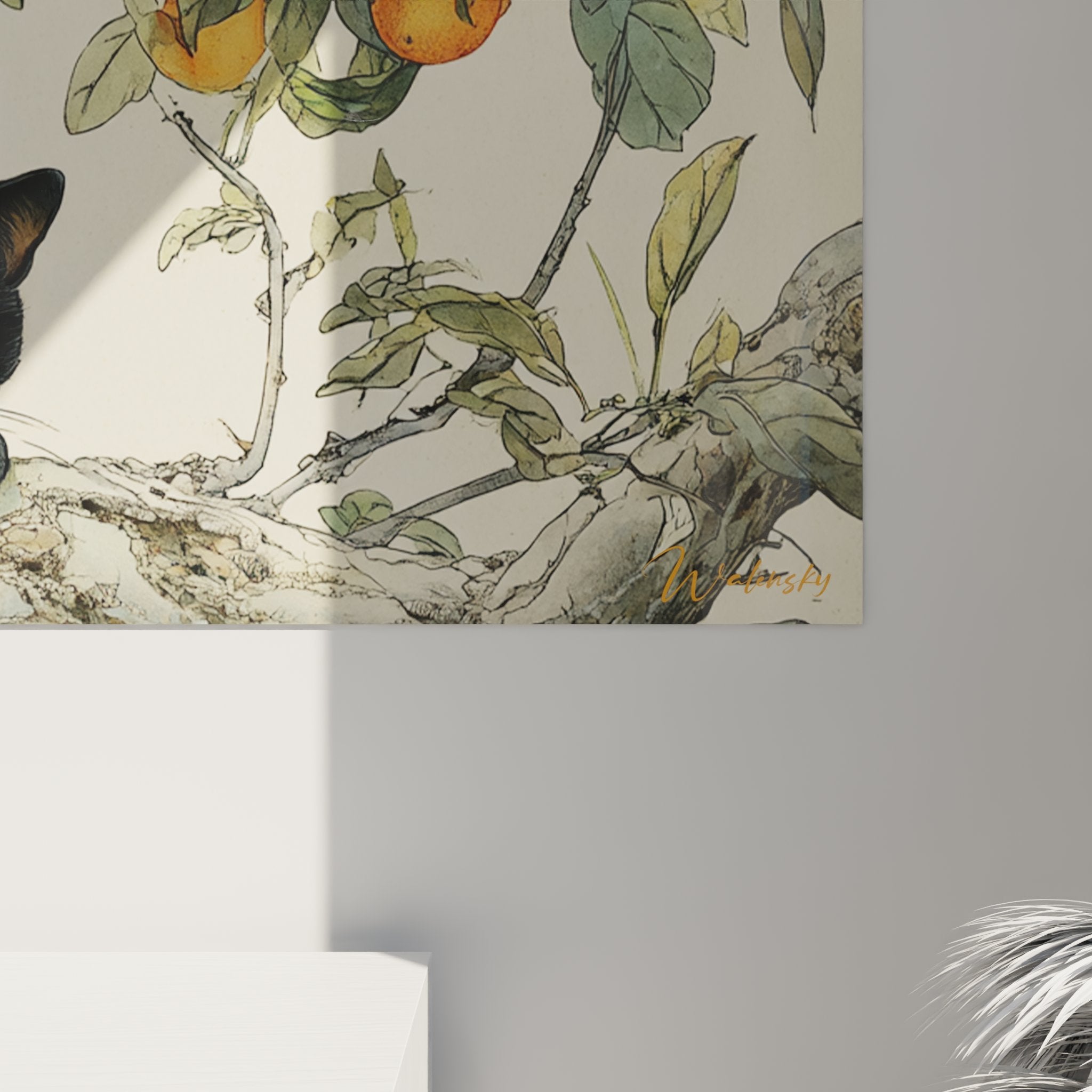 Vue ensemble tableau mural chat noir sur branche d'oranger pour decoration interieure moderne