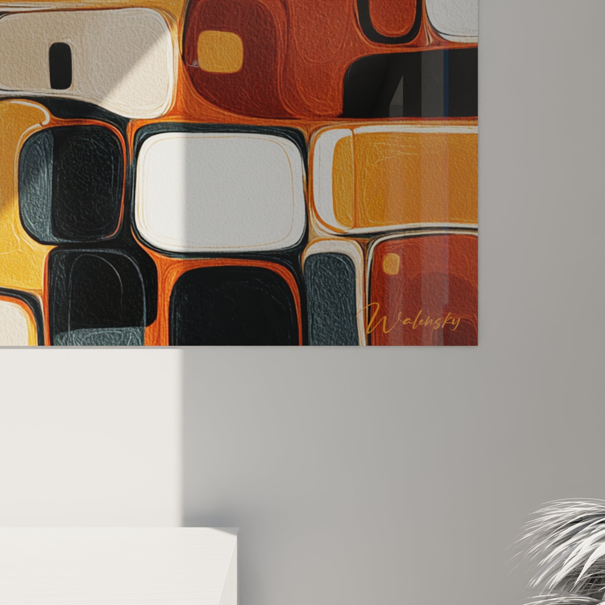 Overview of panoramic geometric African mosaic wall art in a contemporary interior