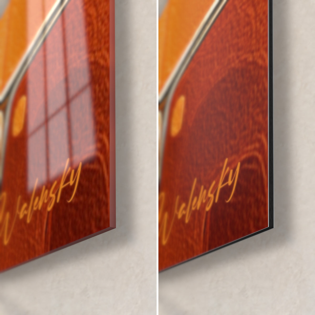 Wall art abstract geometric shapes, rust and orange lower right corner: glossy glass on the left, matte Dibond on the right