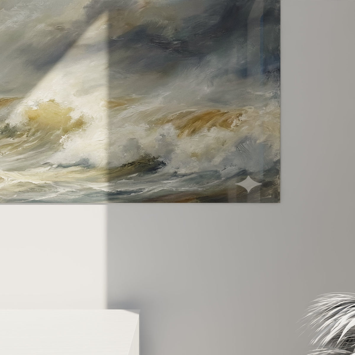 Vue d'ensemble tableau tempête océanique, art mural horizontal représentant mer déchaînée et ciel orageux