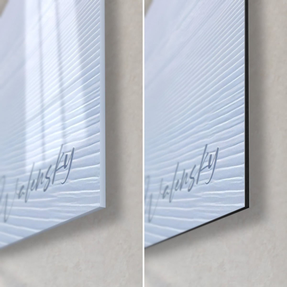 Wall art ski slope in alpine dawn, lower right corner: glossy glass on the left, matte black Dibond on the right, white and blue snow