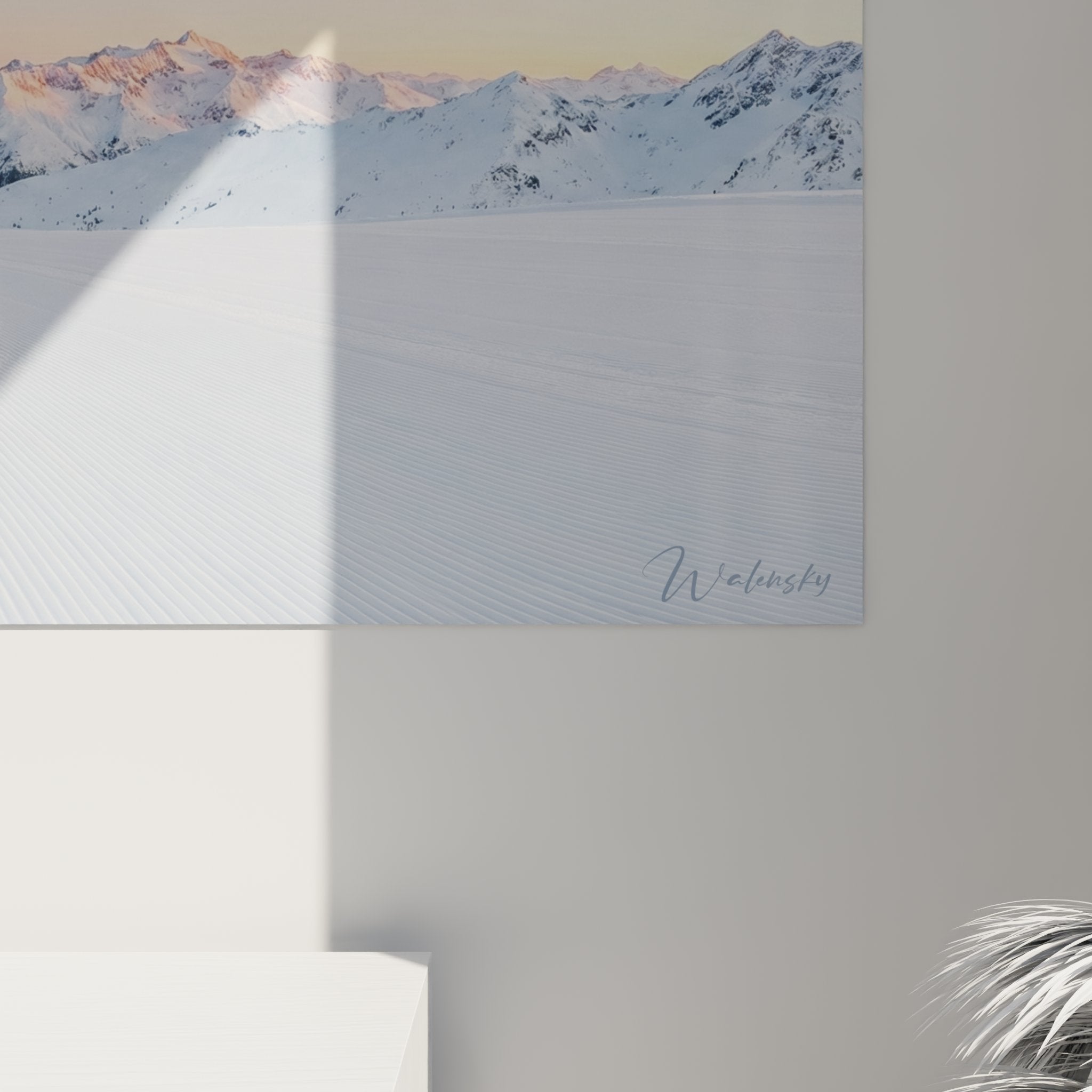 Vue ensemble tableau panoramique piste ski aurore alpine dans interieur contemporain decoration