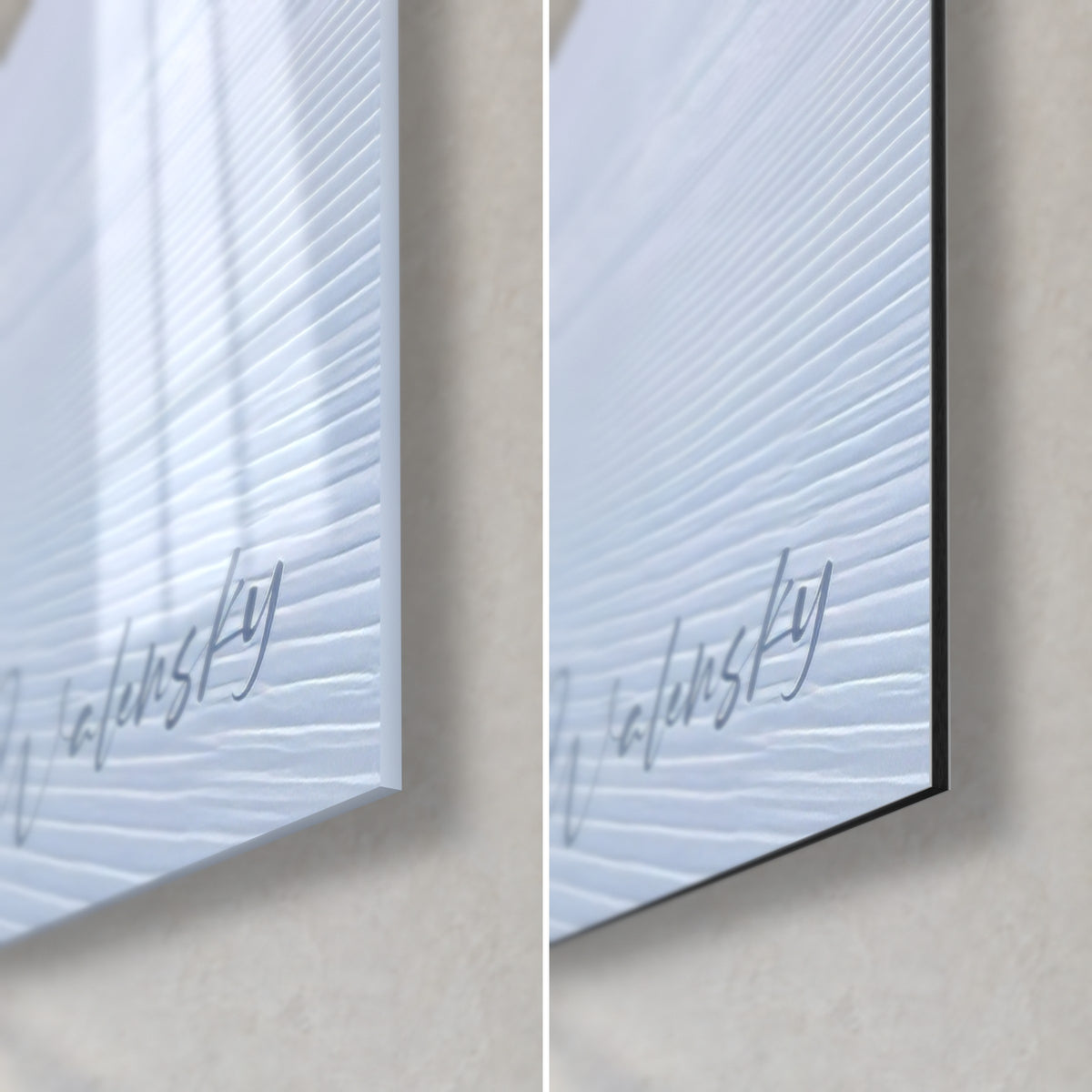 Wall art ski slope in alpine dawn, lower right corner: glossy glass on the left, matte black Dibond on the right, white and blue snow