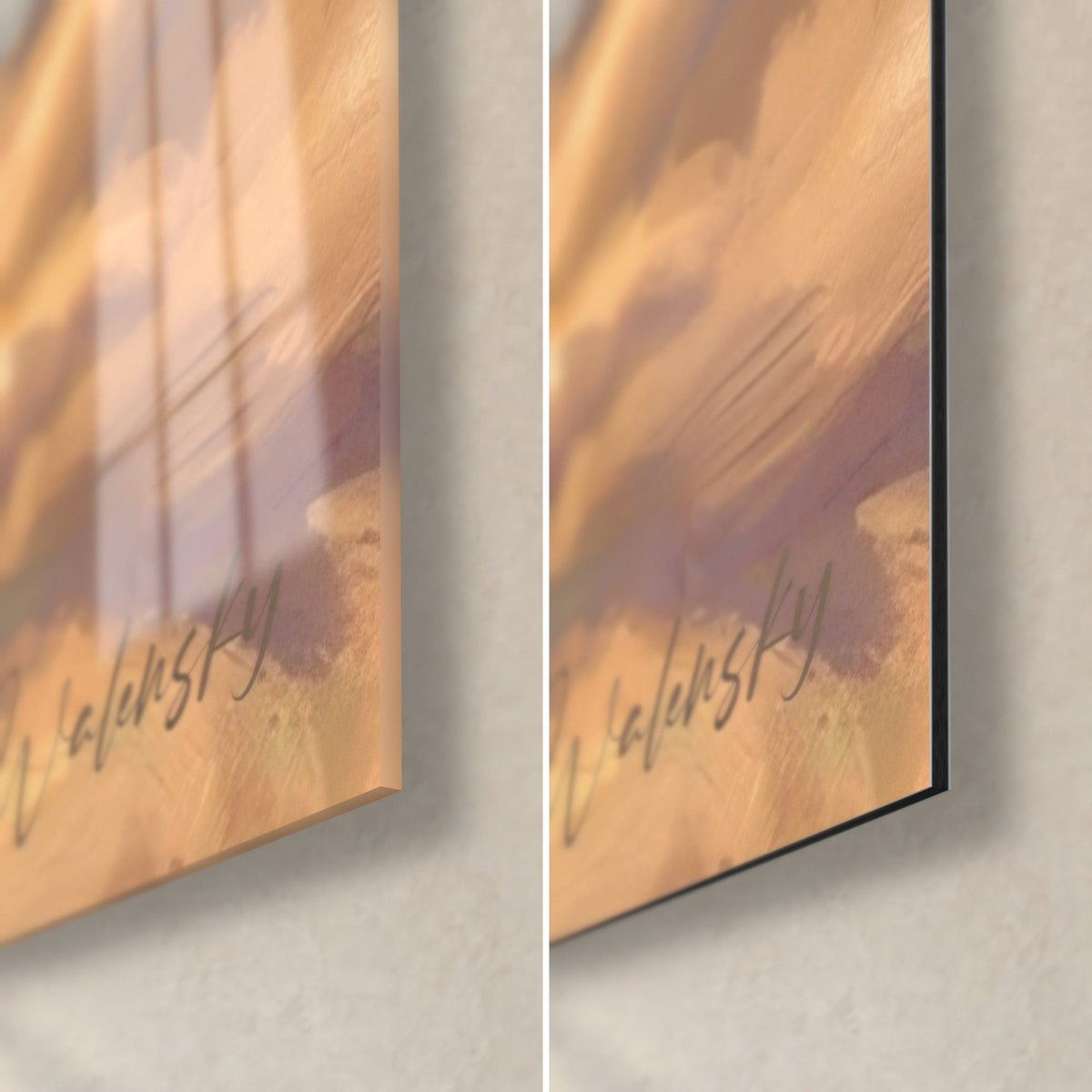 Tableau phare dans les nuages, coin bas droit : verre brillant aux reflets et Dibond noir mat, signature Walensky dorée, tranche 3 mm