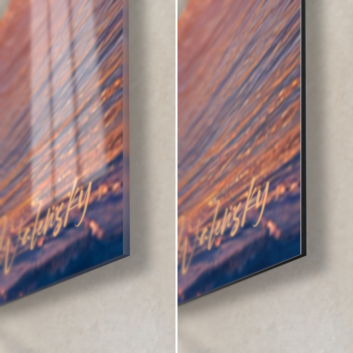 Gemälde Surfen bei Sonnenuntergang, untere rechte Ecke: glänzendes Glas mit orangefarbenen Reflexen links, matter Walensky Dibond-Alu rechts, 3 mm Kante