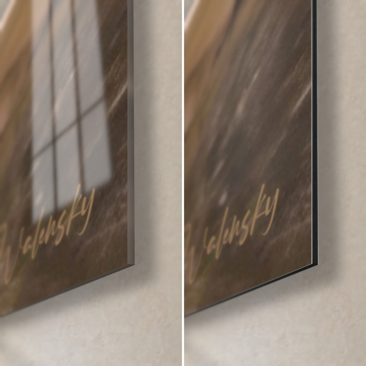 Wall art of a runner in dark shorts, bottom right corner: glossy glass with window reflections and matte beige Dibond, 3 mm edge