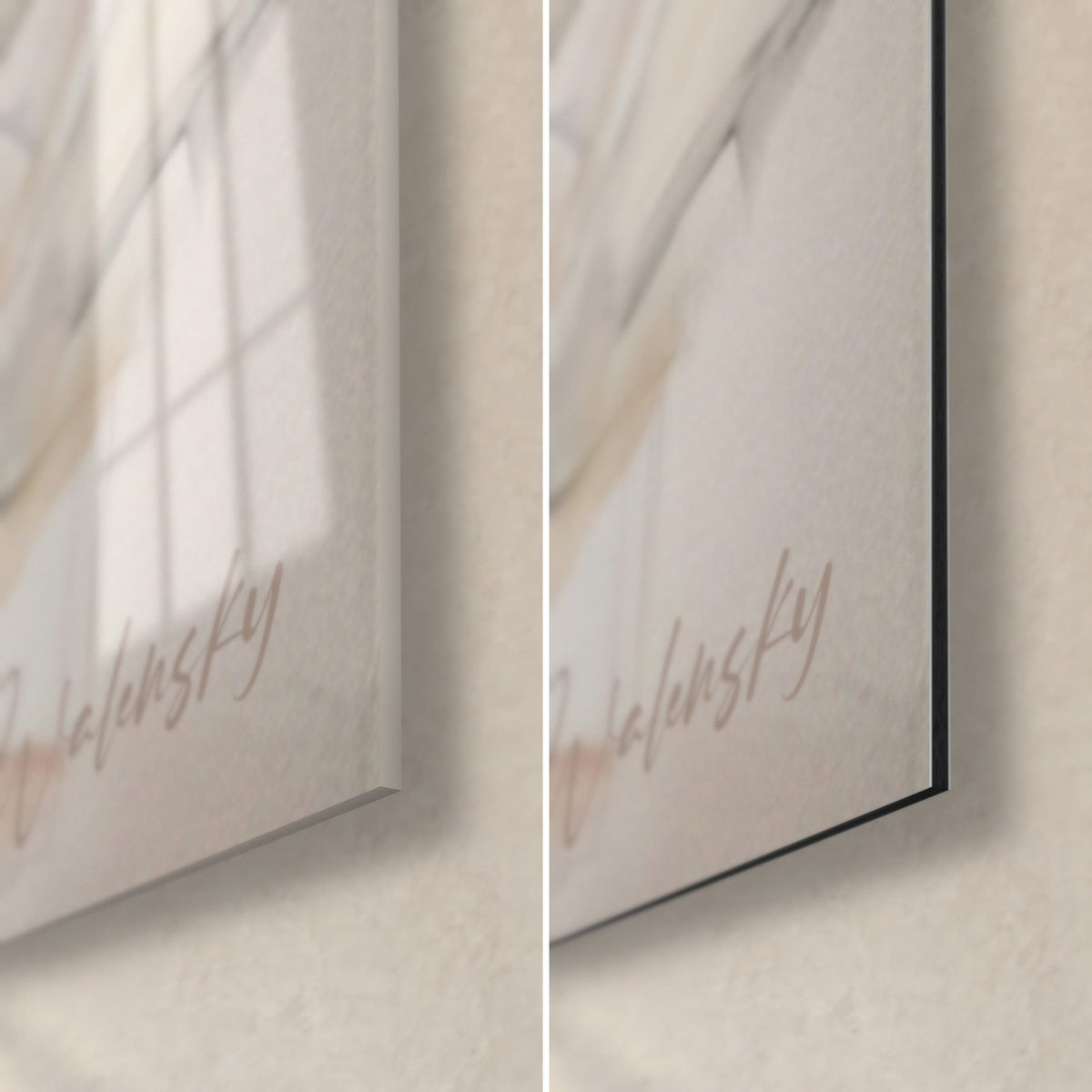 Quadro di ballerine in tutù avorio, firma Walensky rosa in basso a destra, vetro lucido e Dibond nero opaco da 3 mm