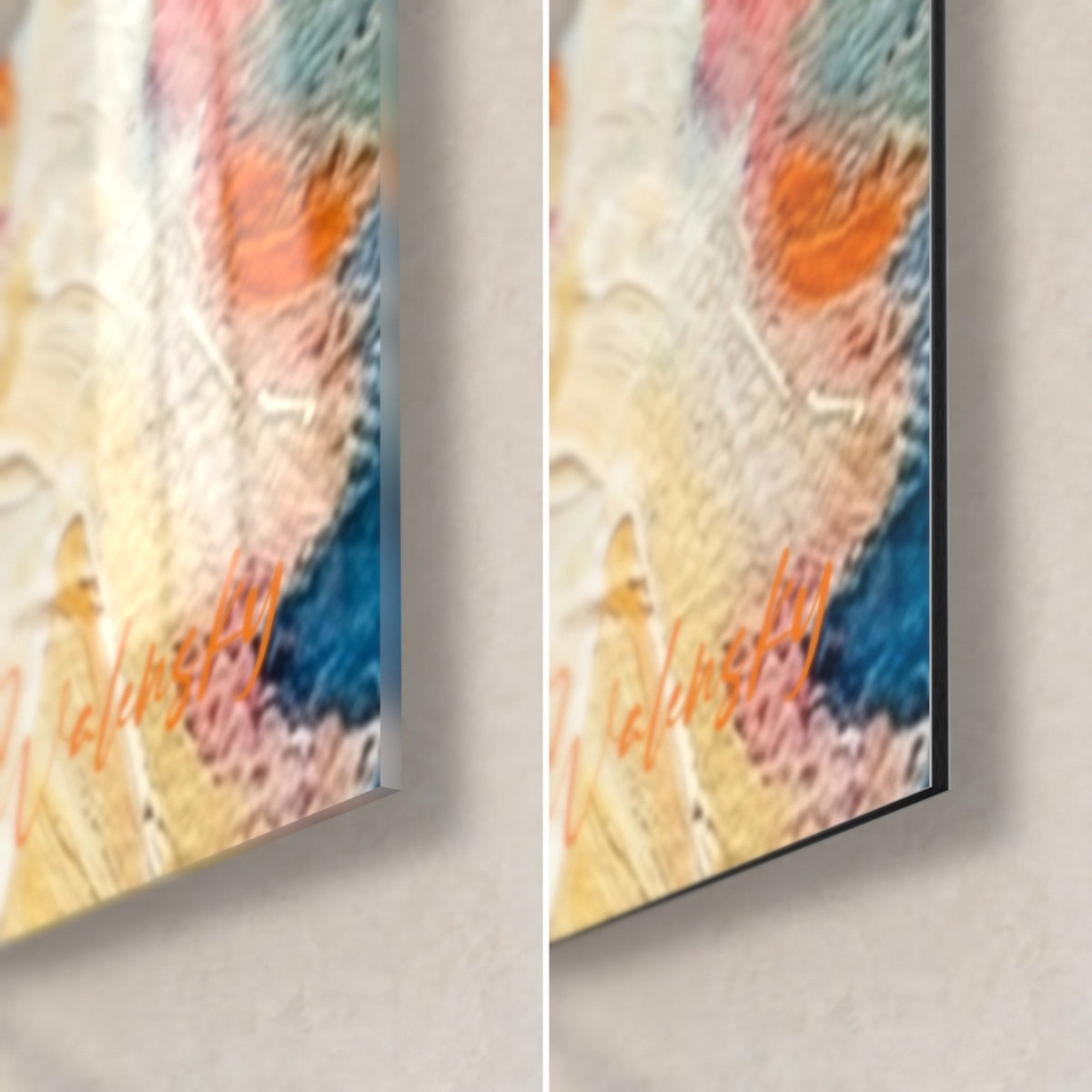 Tableau félin expressionniste, coin bas droit : verre acrylique brillant à gauche, Dibond mat à droite, tranche noire de 3 mm