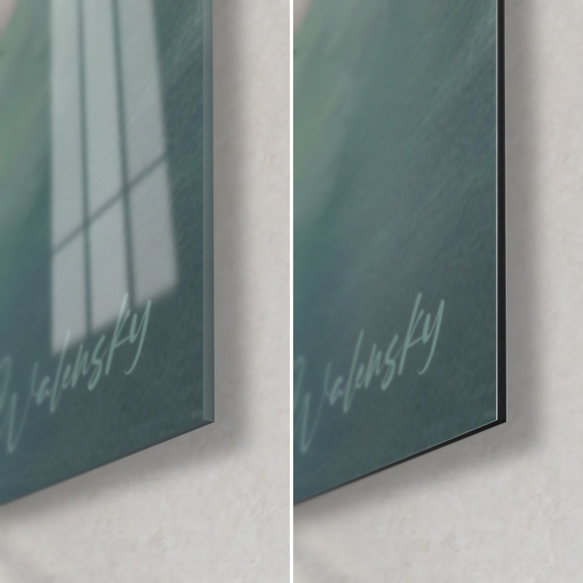 Wall art of an underwater diver painted in oil, blue-green background, Walensky signature, lower right corner in glossy glass and matte Dibond aluminium, 3 mm thick